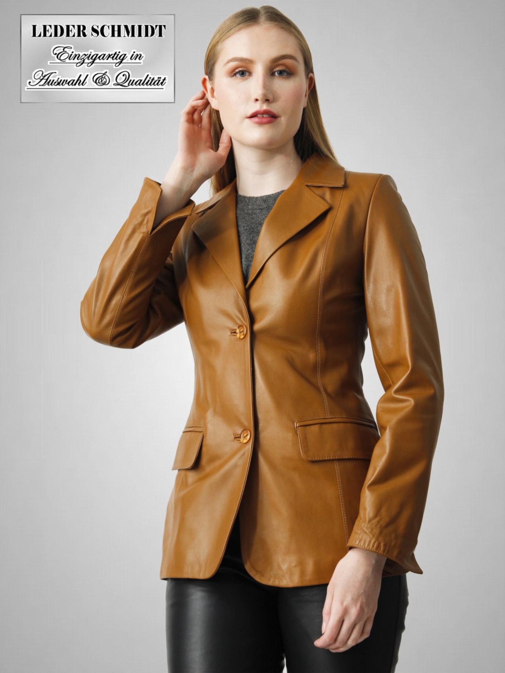 Damen Lederblazer cognac Reverskragen