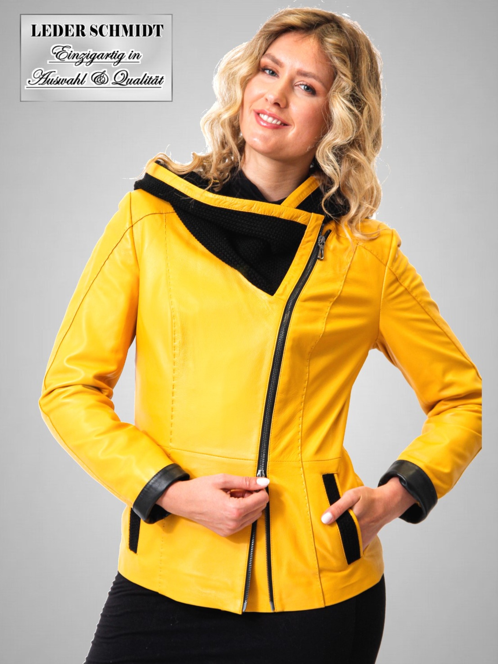 gelbe kurze Damen Lederjacke Kapuze echtes Leder