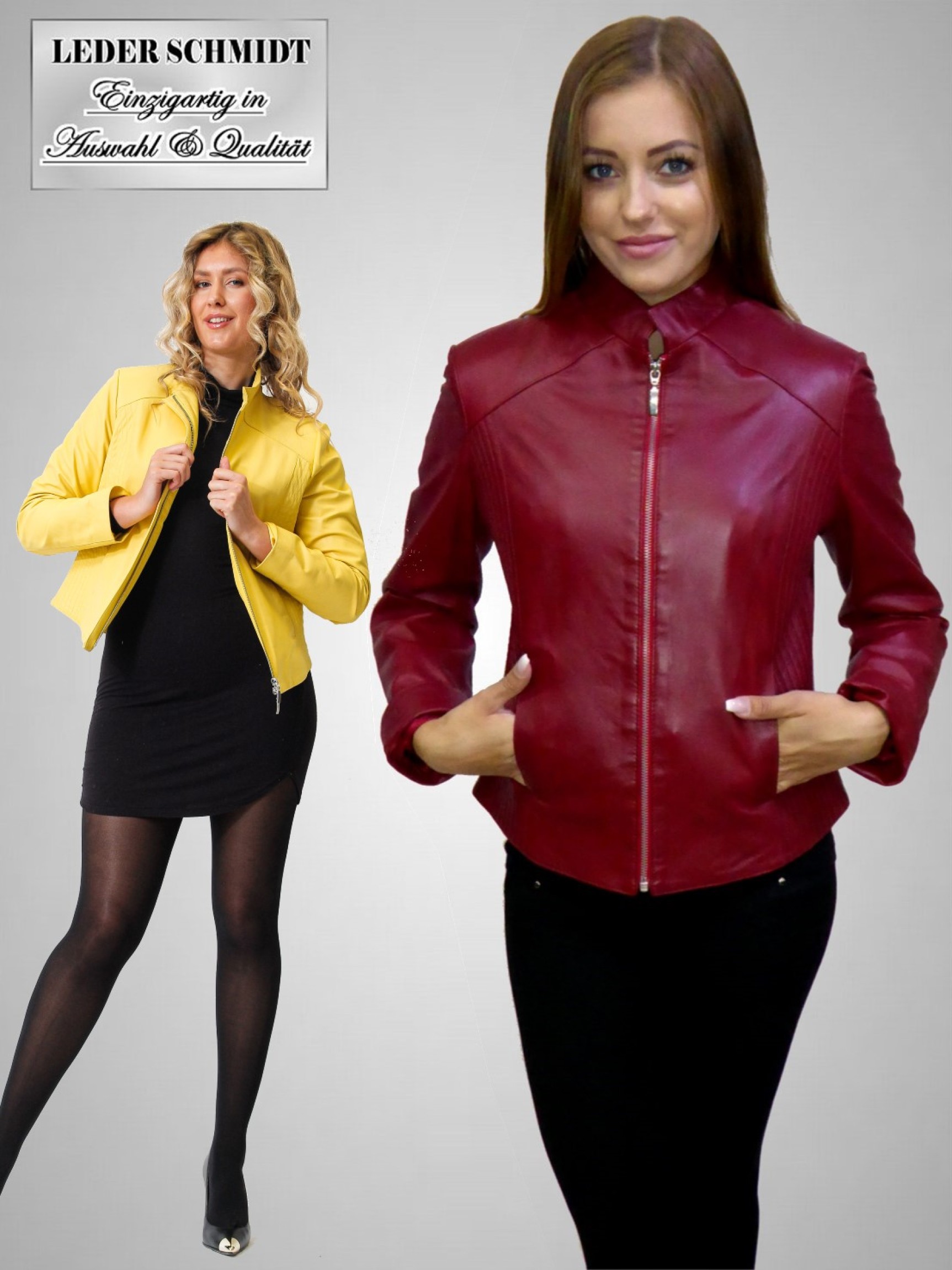 kurze rote Damen-Lederjacke mit Reißverschluss Stehkragen