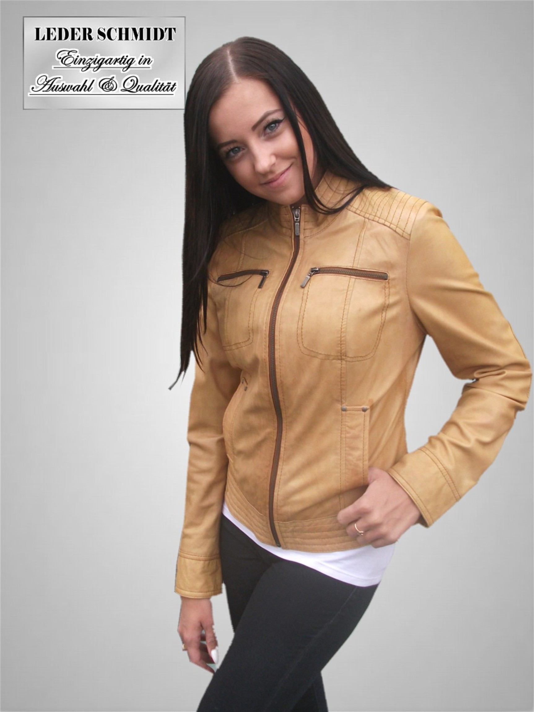 kurze preiswerte Damenlederjacke cognac