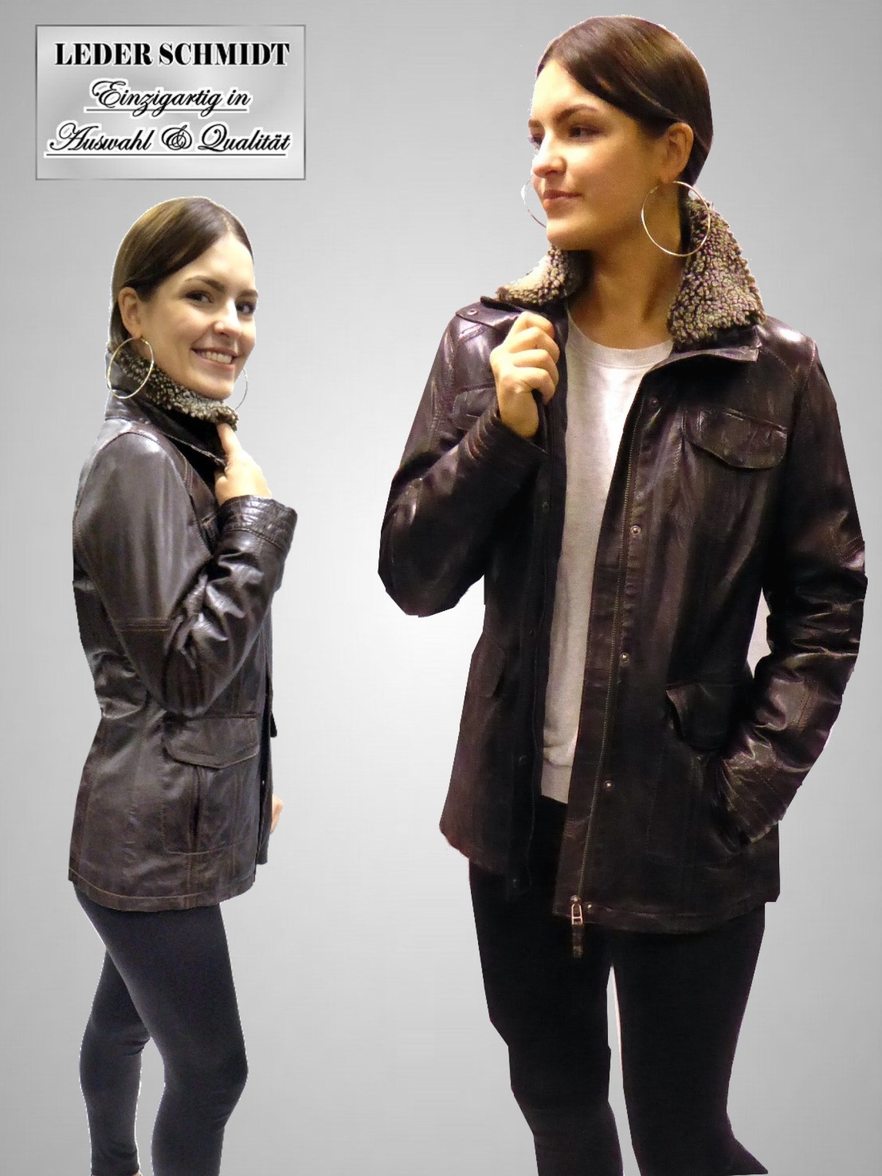 schicke lange sportliche Damen Lederjacke dunke braun Reißverschluss