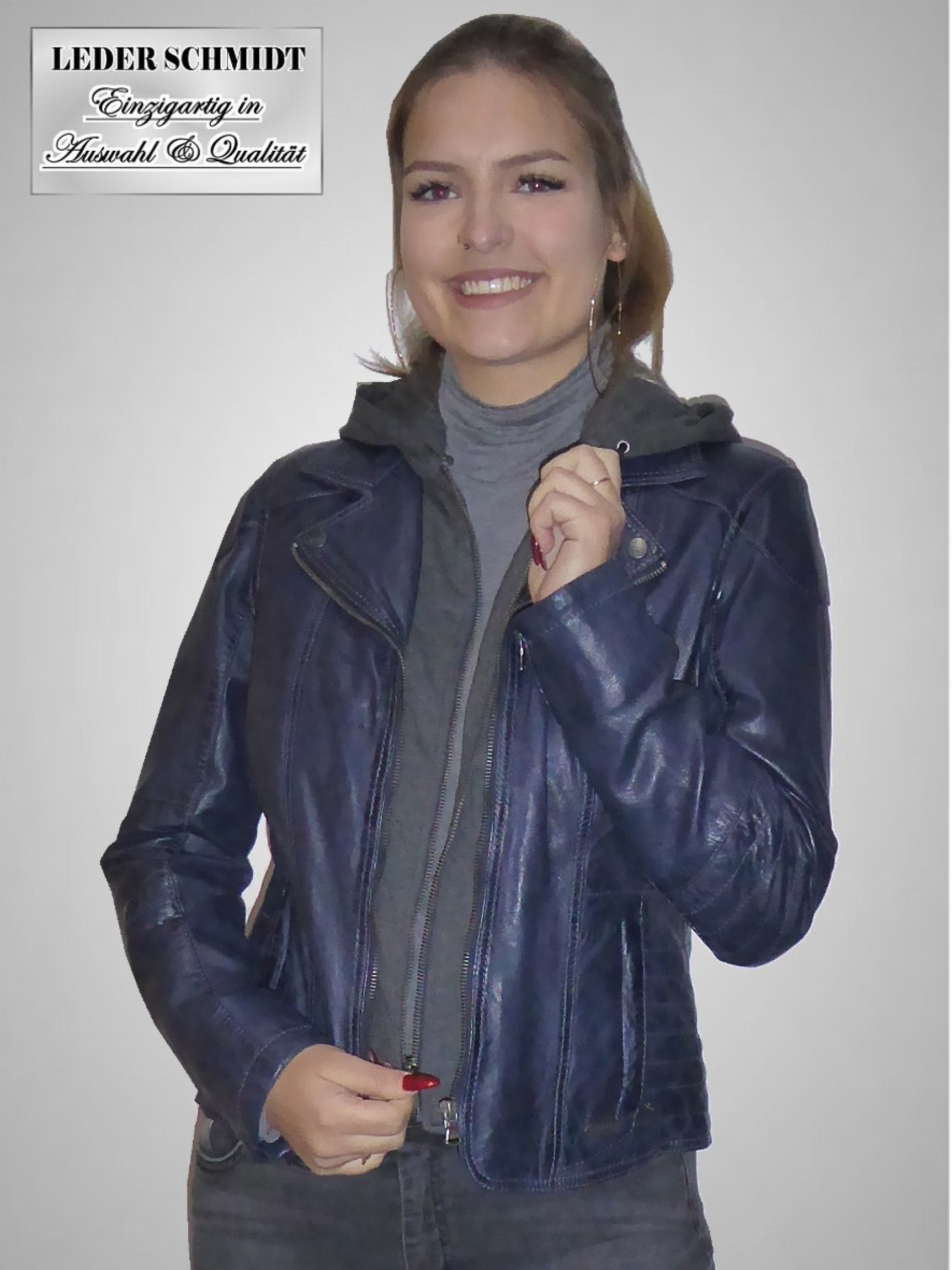 kurze Damen-Lederjacke mit Kapuze