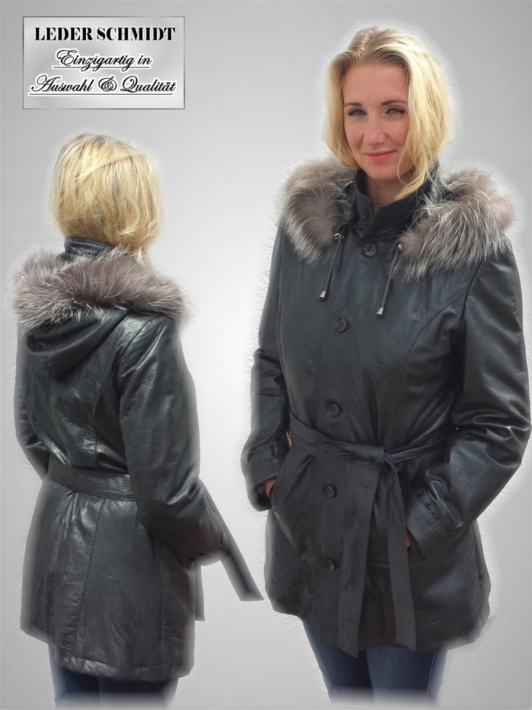 wattierte leicht Damen Lederjacke mit Kapuze und Silberfuchsrand