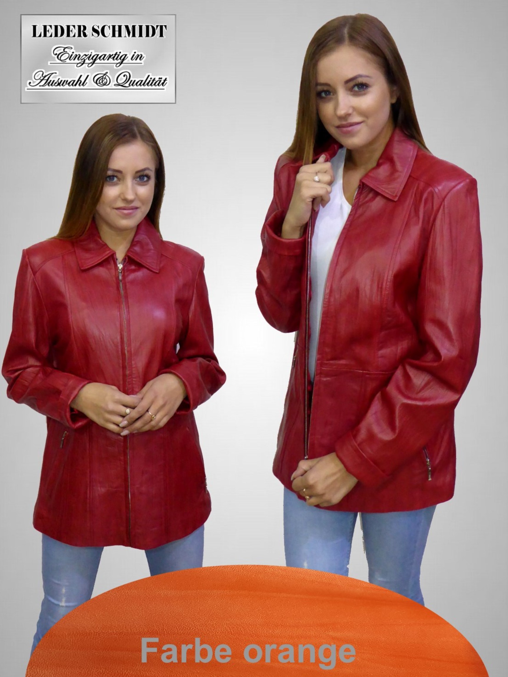 längere Damen Lederjacke in 1A Lammnappa mit Reißverschluss und rot