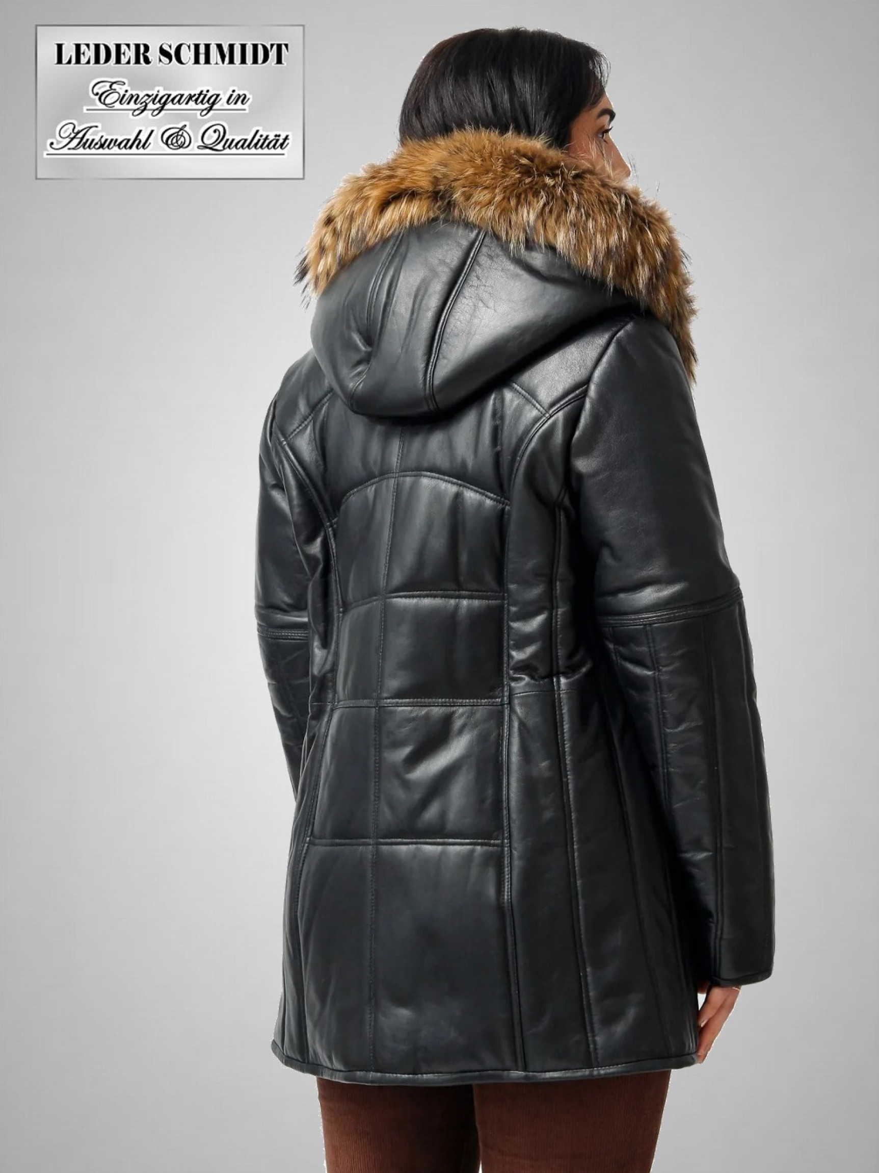Damen Leder-Parka abnehmbare Kapuze mit Fellrand