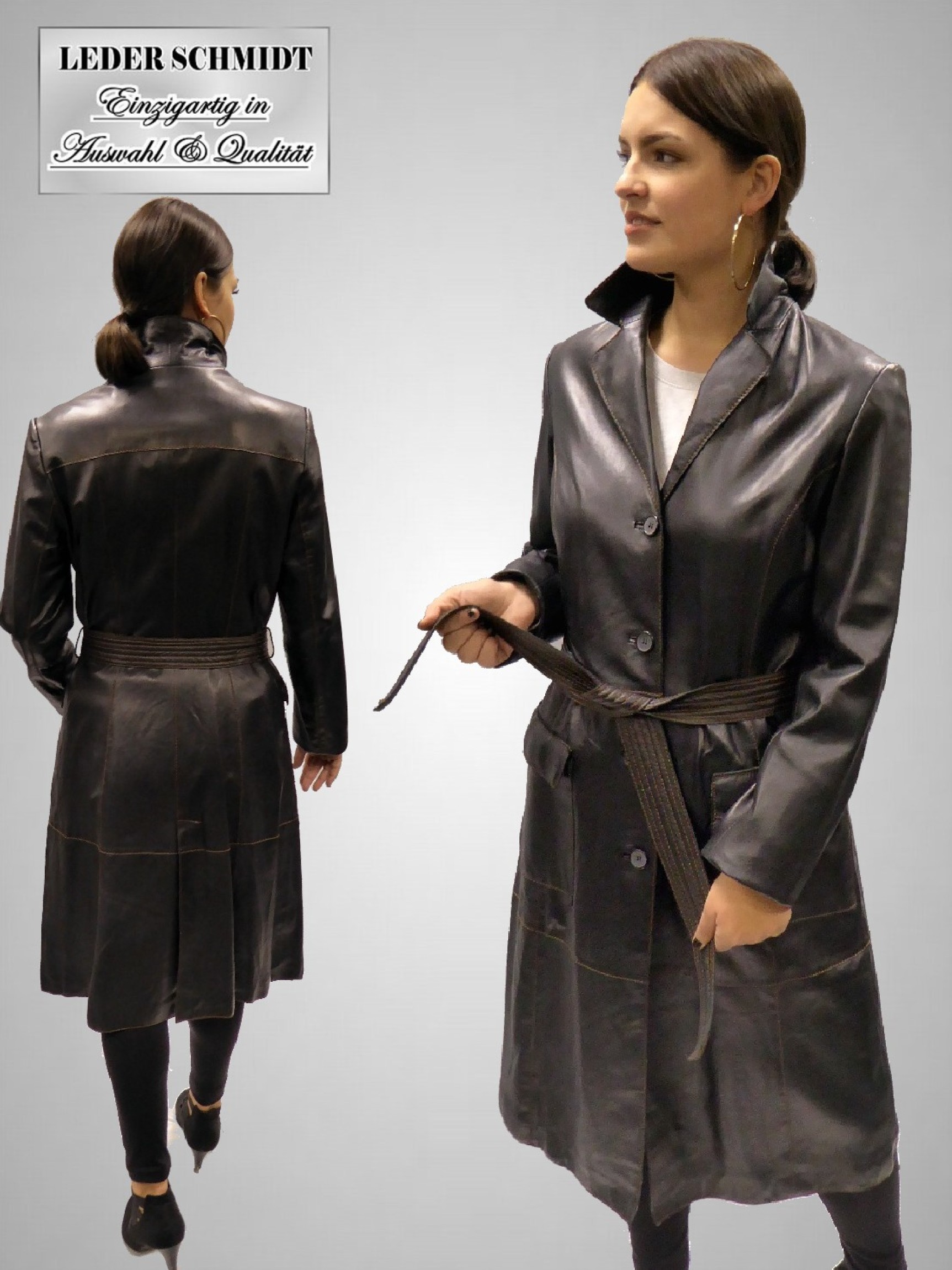 langer leichter Damen Ledermantel schwarz mit Gürtel