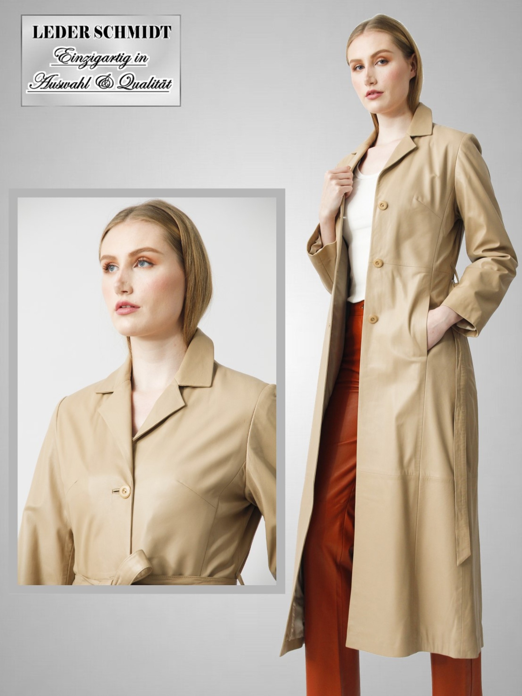 langer heller Damen Ledermantel mit Gürtel