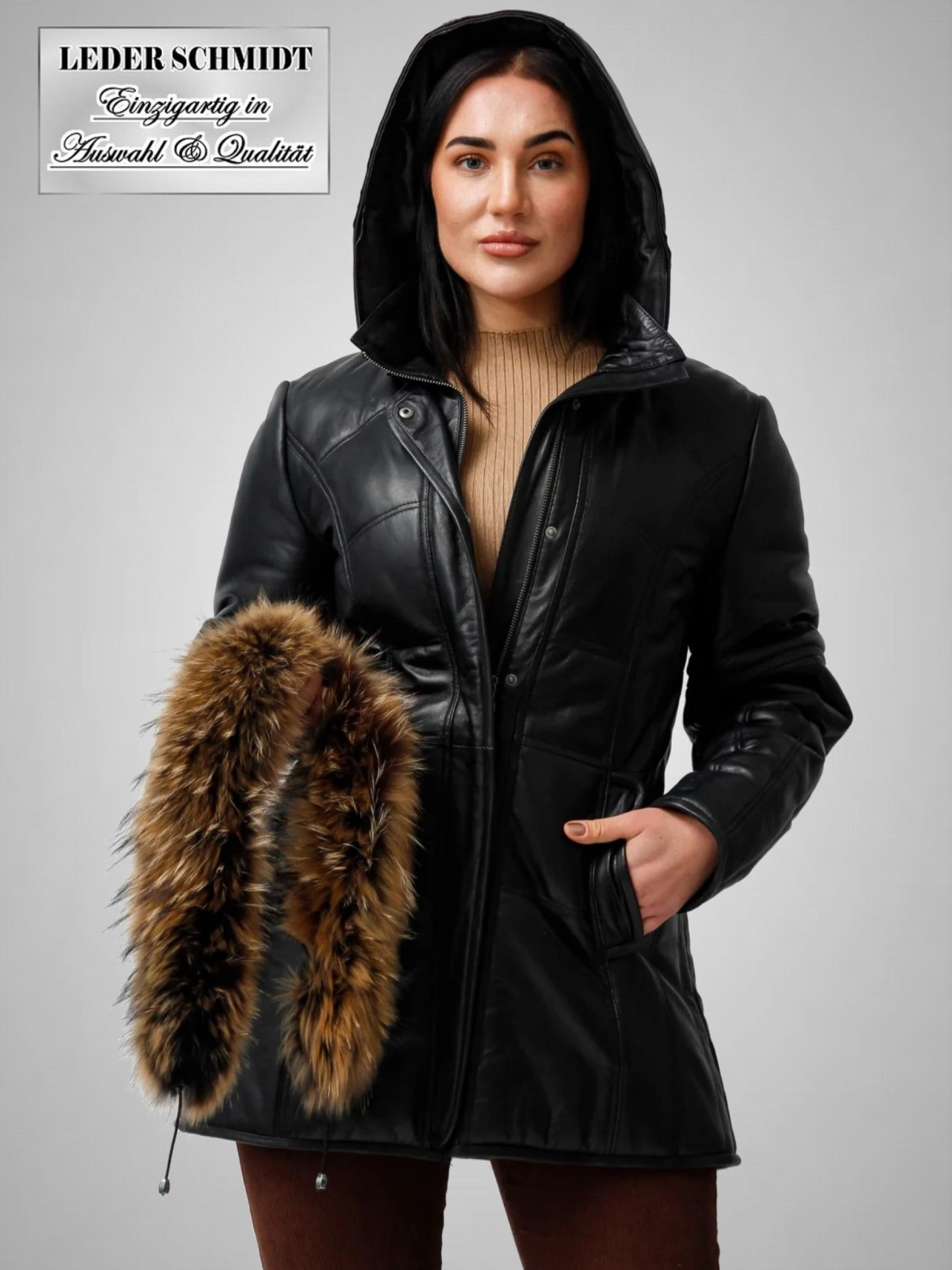 Damen Leder-Parka abnehmbare Kapuze mit Fellrand