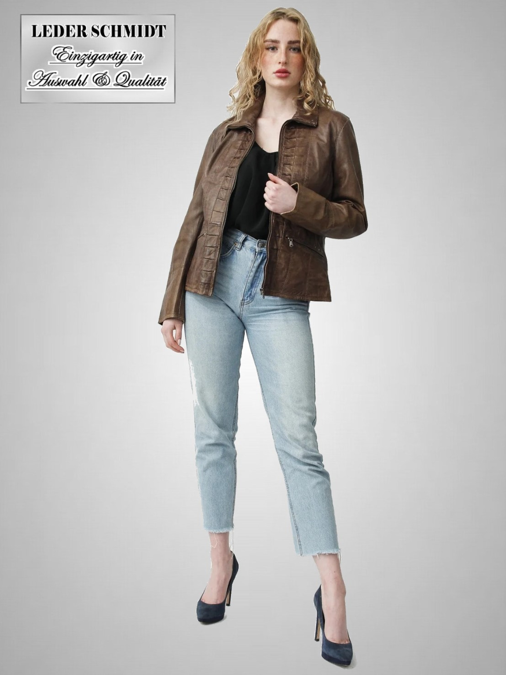 halblange Damen-Lederjacke braun