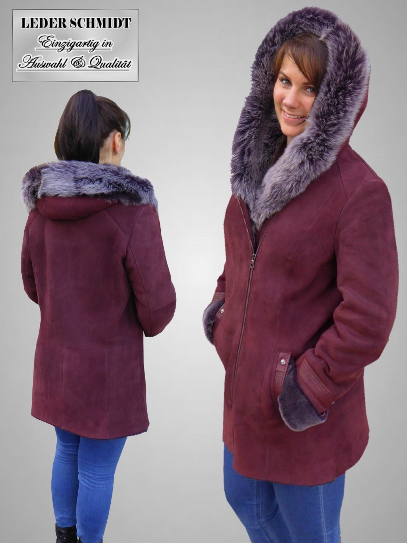 lange Damen Lammfelljacke mit Kapuze