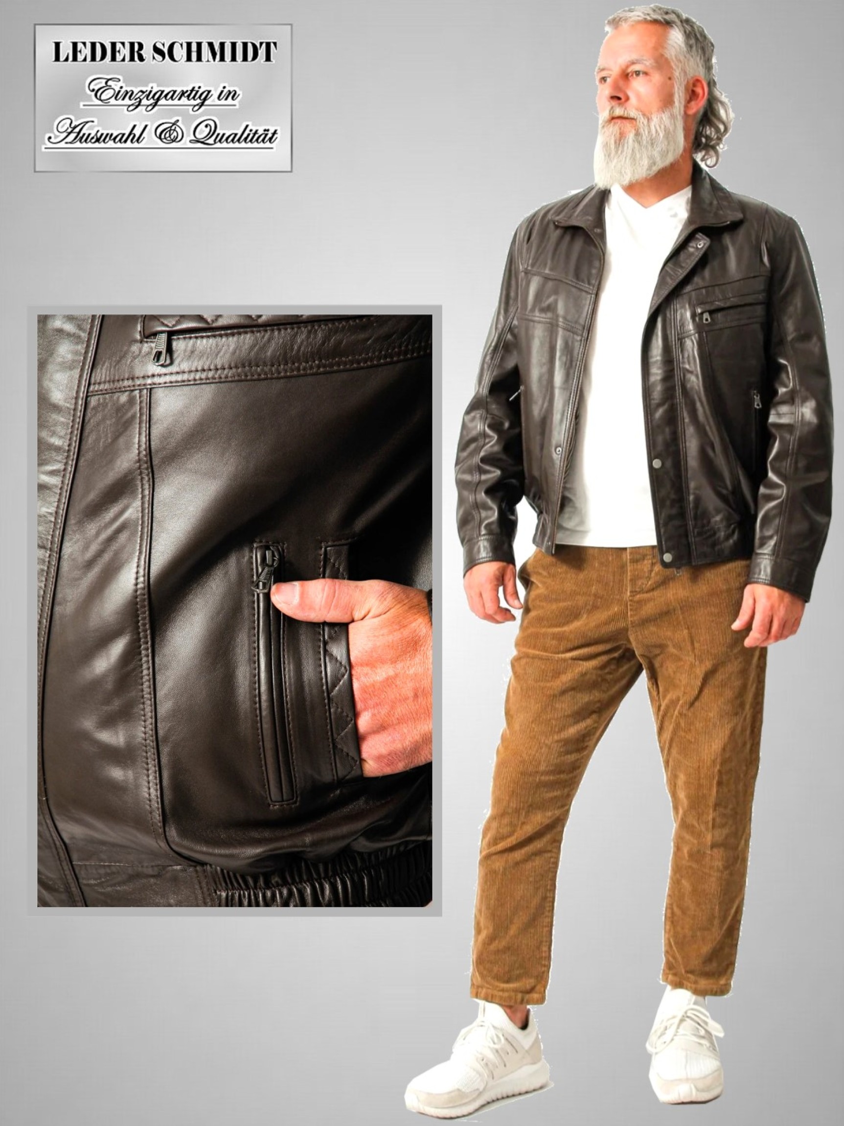 braune kurze Herren-Lederjacke mit Bund-Reißverschluss-sportlich lammnappa