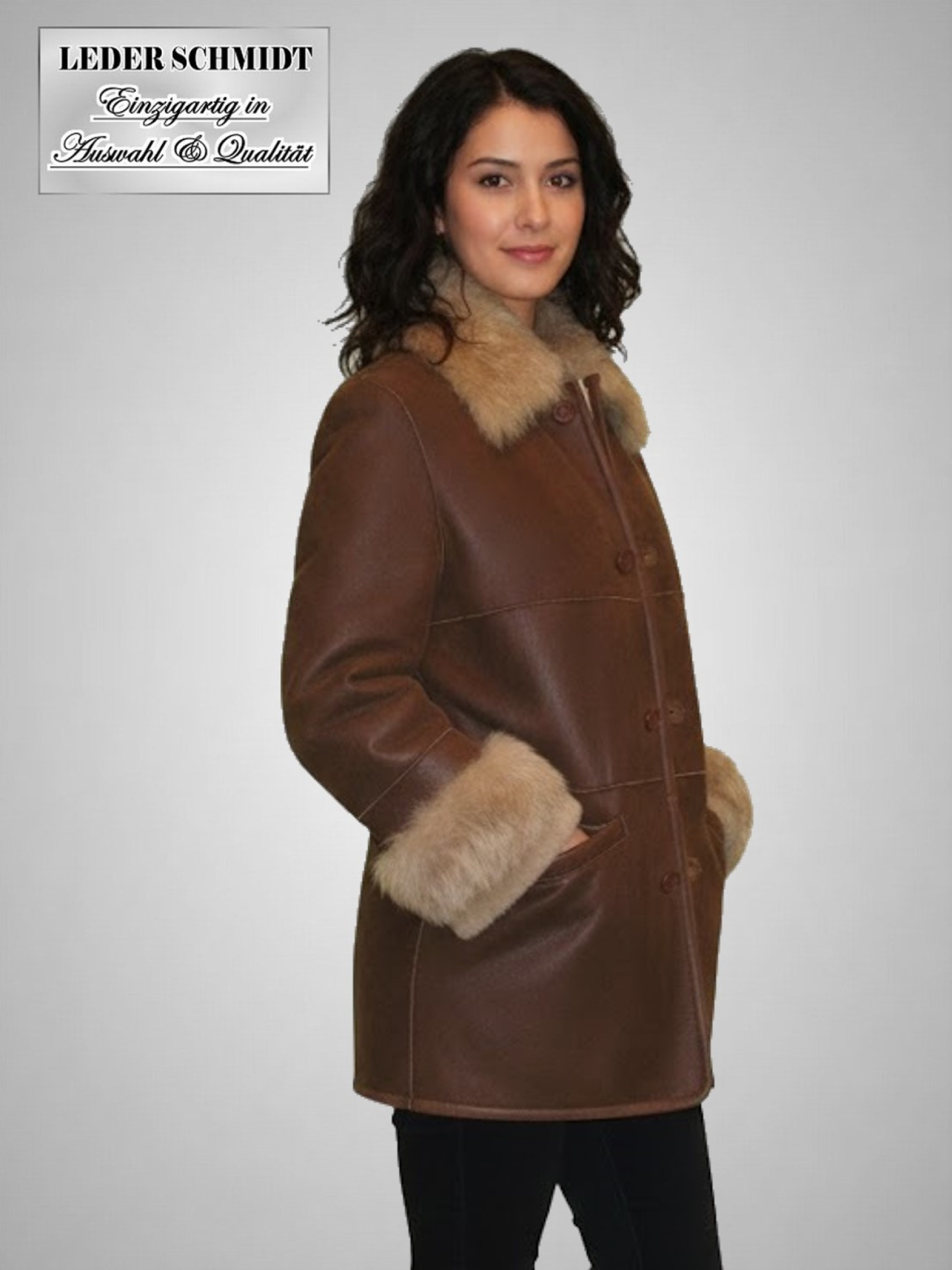 braune echte Damen Lammfell Jacke halblang
