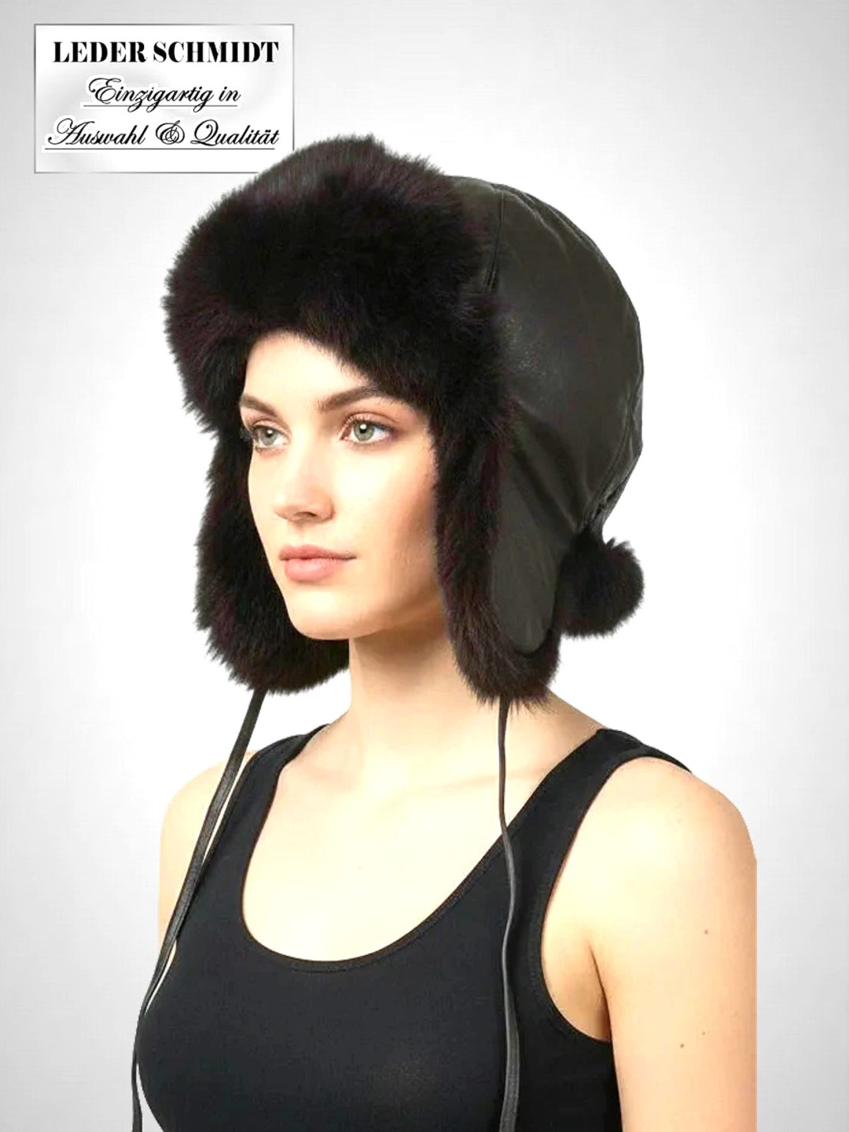 Damen Leder-Kaninchen-Mütze dunkelbraun