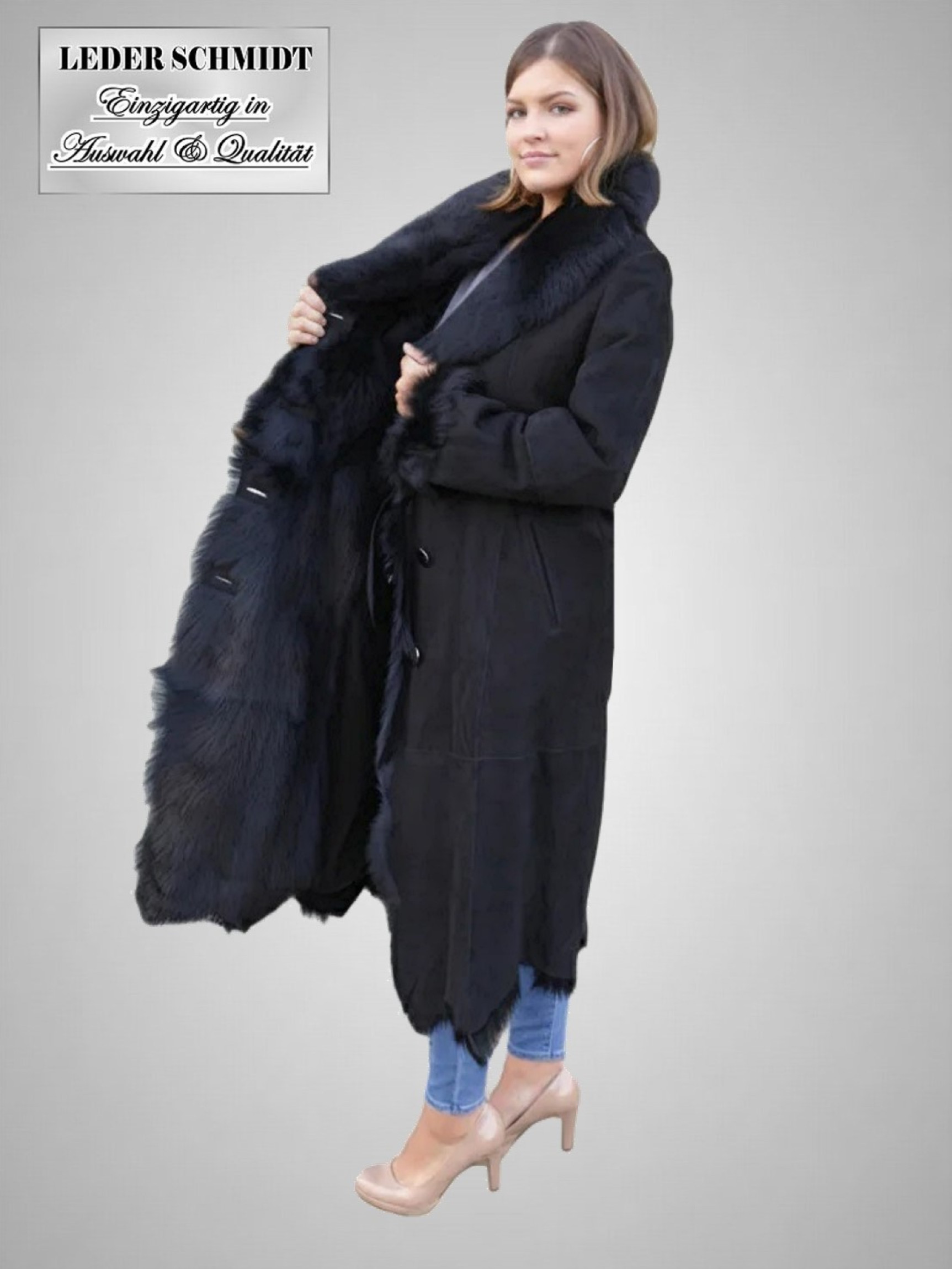 leichter langer Damen Ziegenfell-Mantel