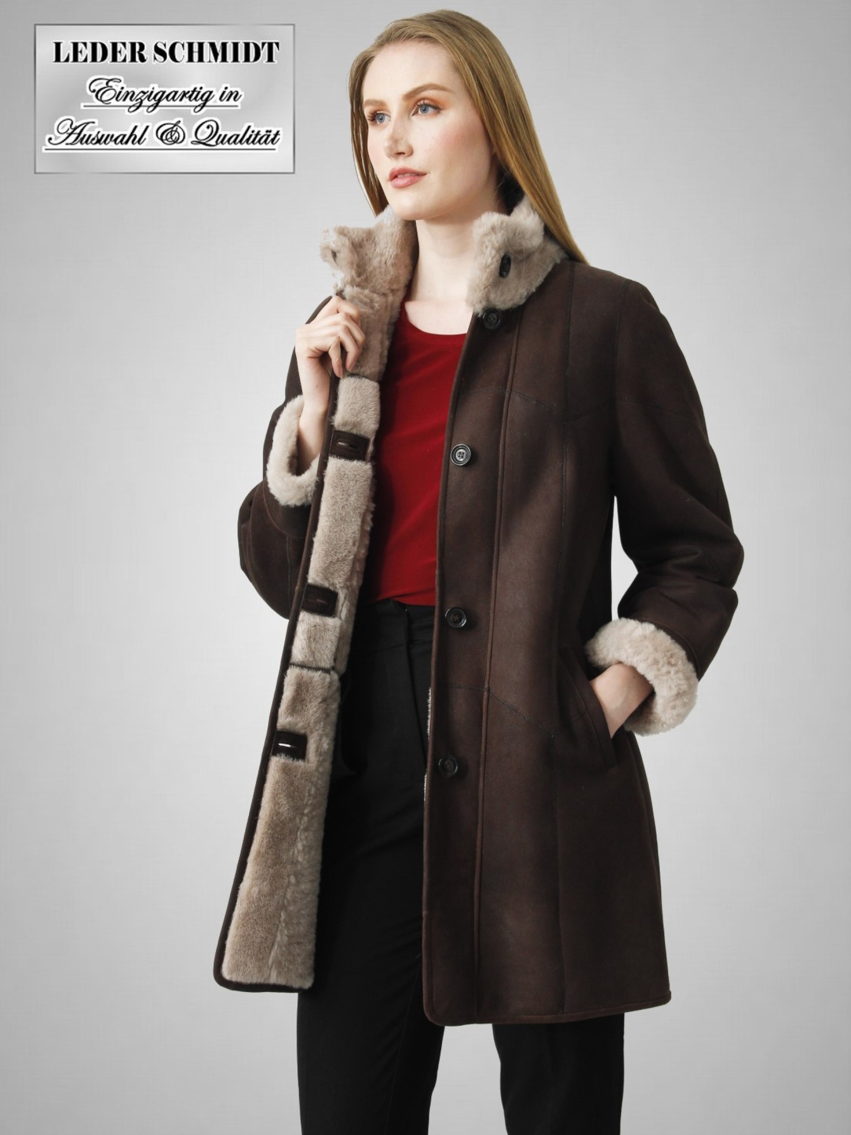Damen Lammfelljacke braun lang echtes Schaffell