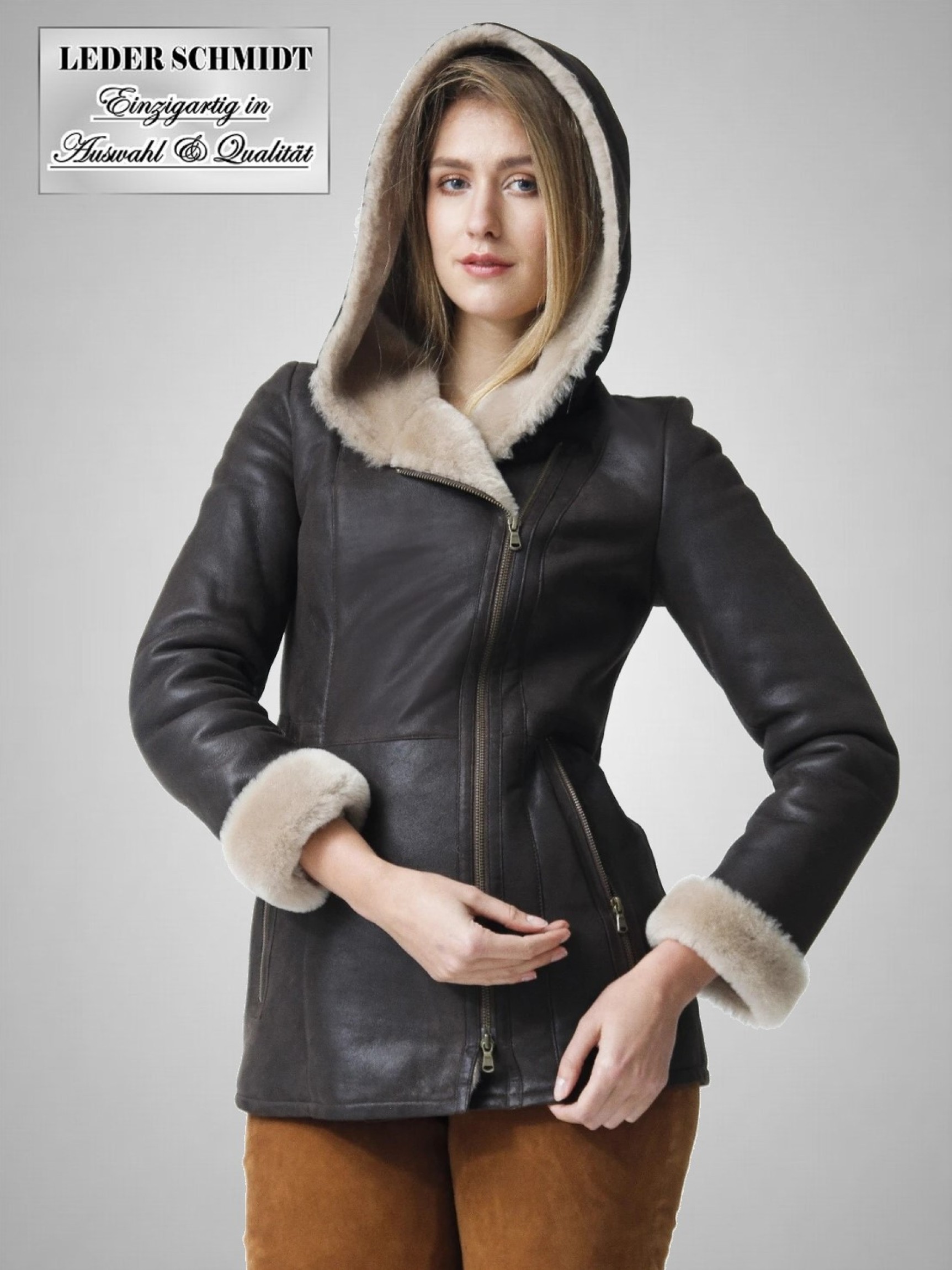Lammfelljacke Damen Kapuze braun Schaffelljacke