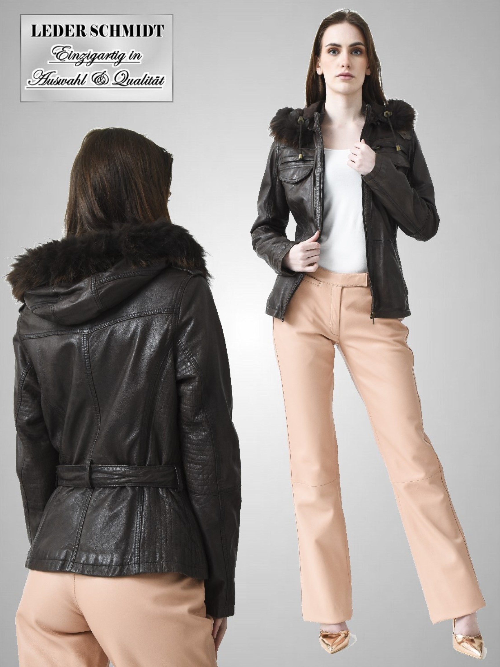 halblange Damen Lederjacke mit Kapuze