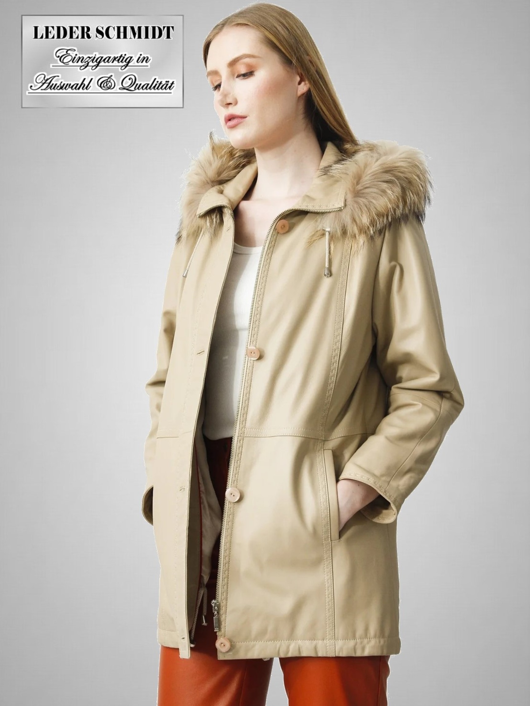 heller Damen Lederparka lang mit abnehmbarer Kapuze und Pelzrand