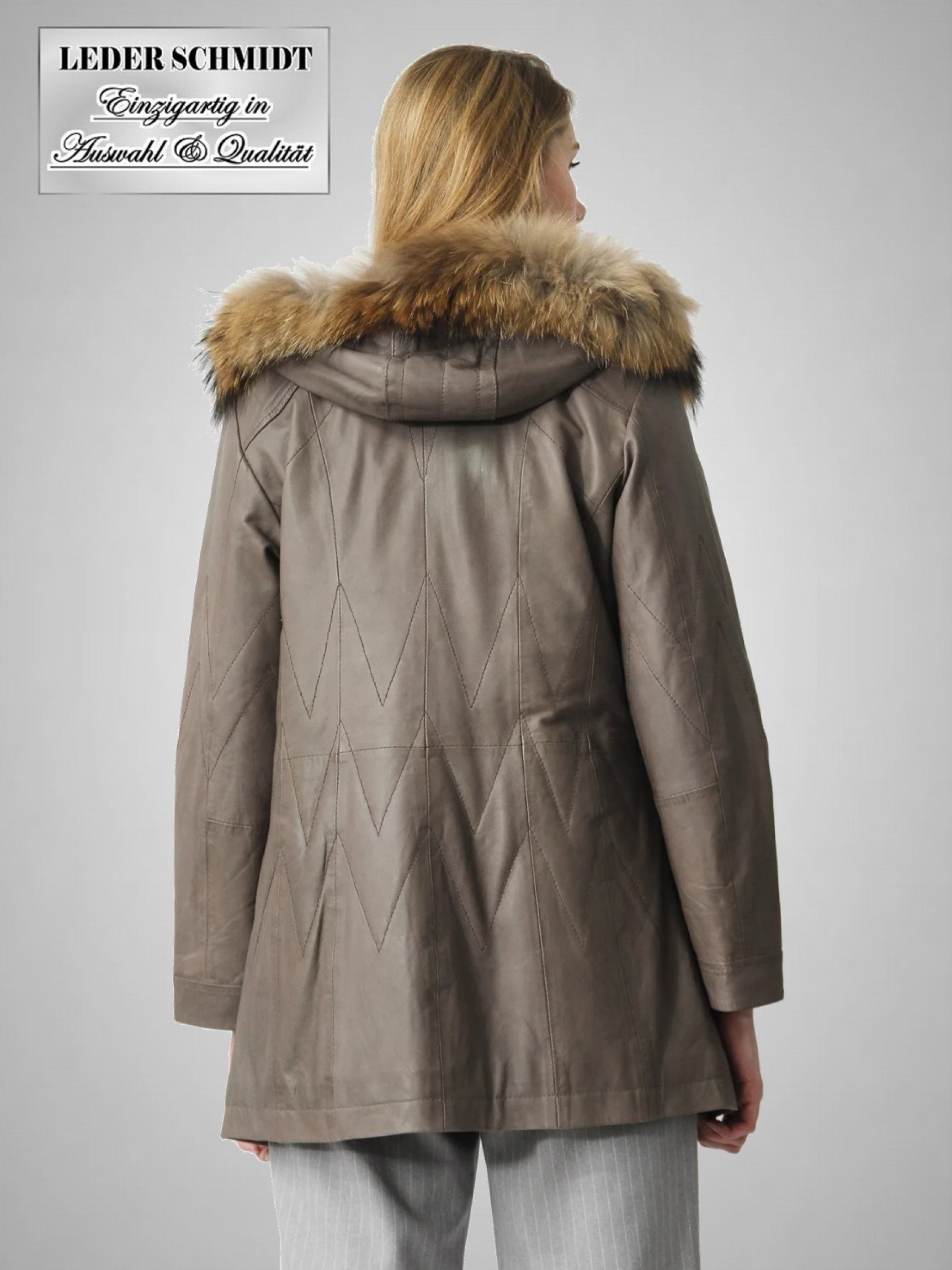leichter wattierter Damen Lederparka Lederjacke mit abnehmbarer Kapuze