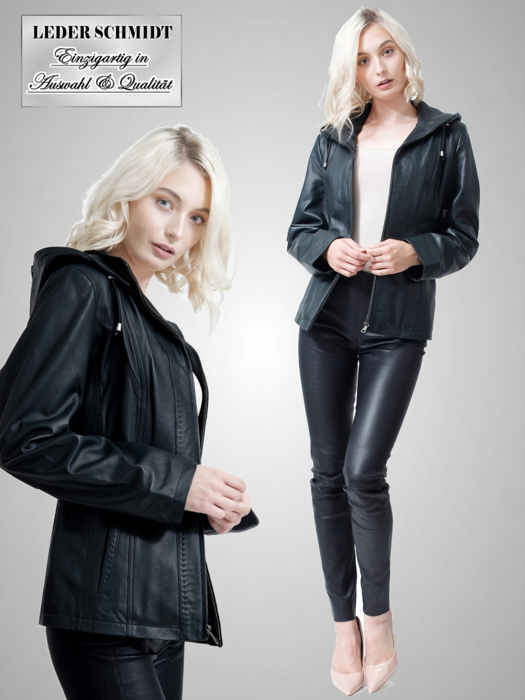 echte Damen Lederjacke kurz schwarz petrol