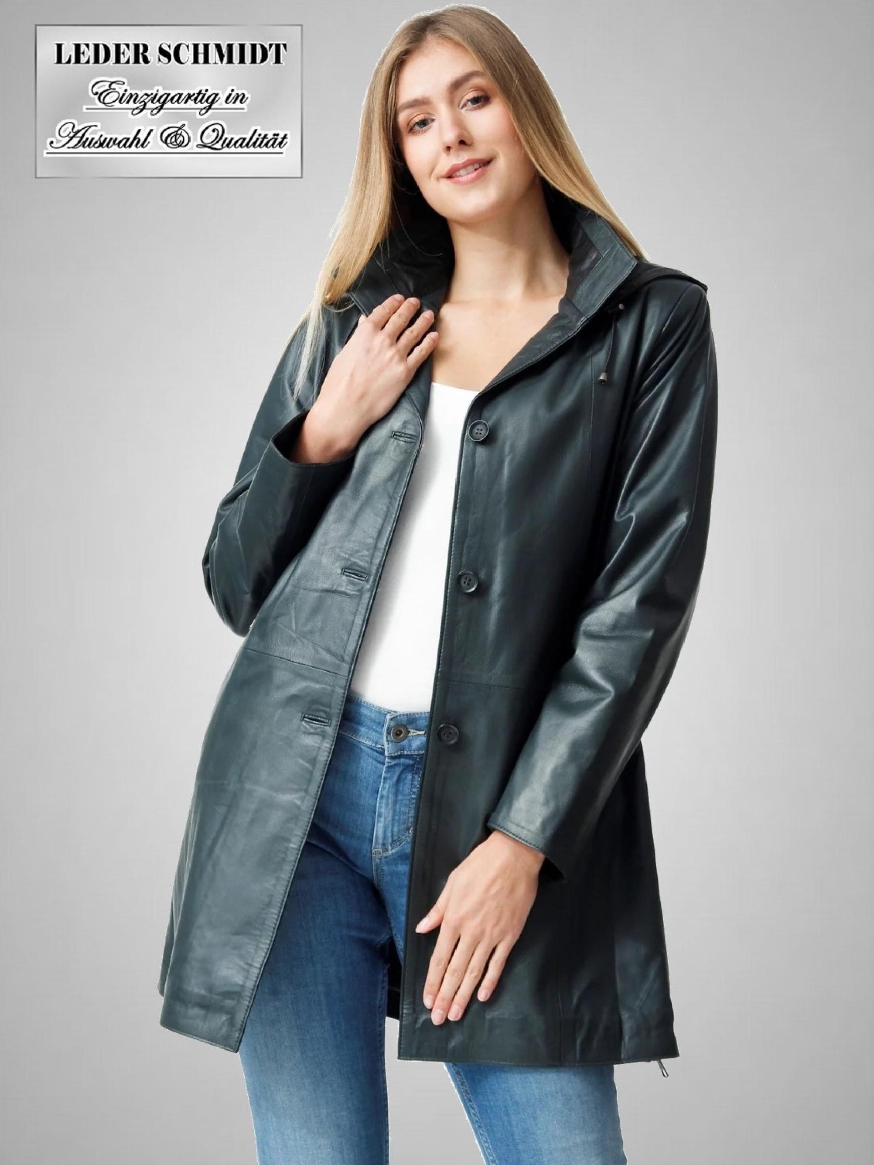 Damen Ledermantel petrol schwarz abnehmbare lederkapuze