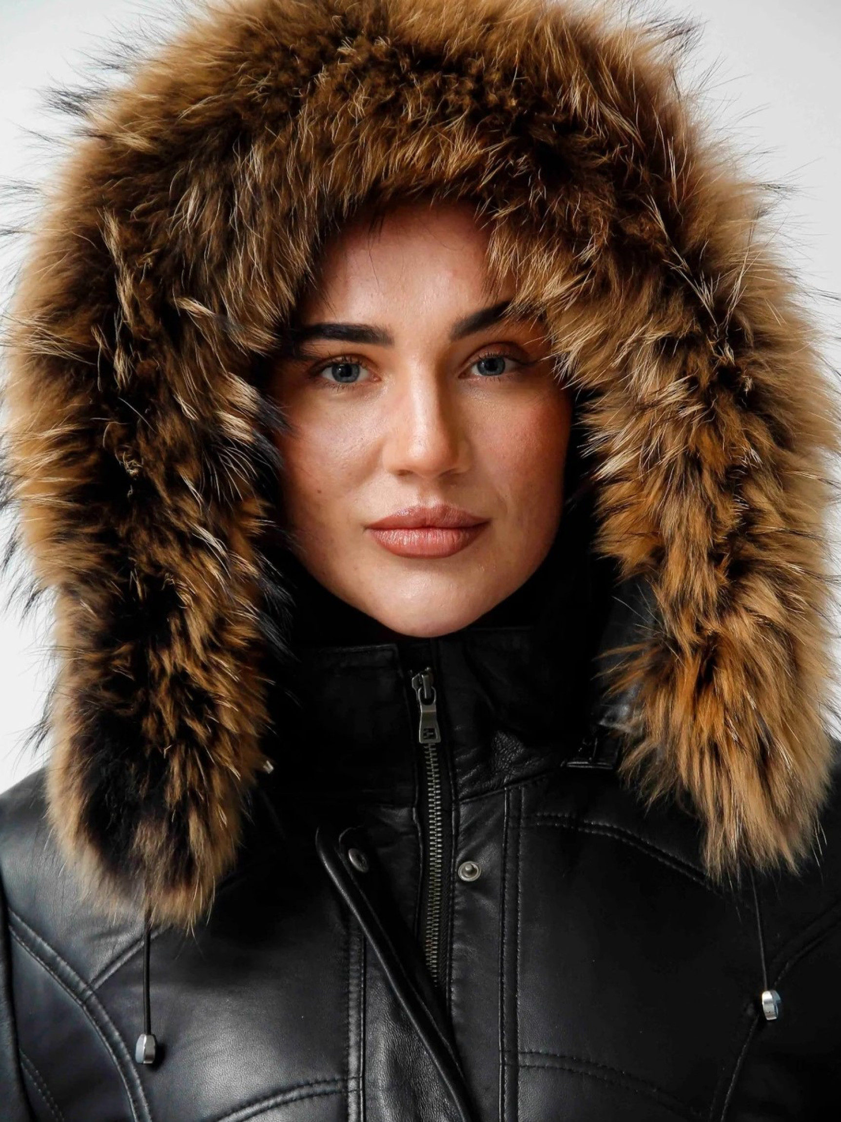 Damen Leder-Parka abnehmbare Kapuze mit Fellrand