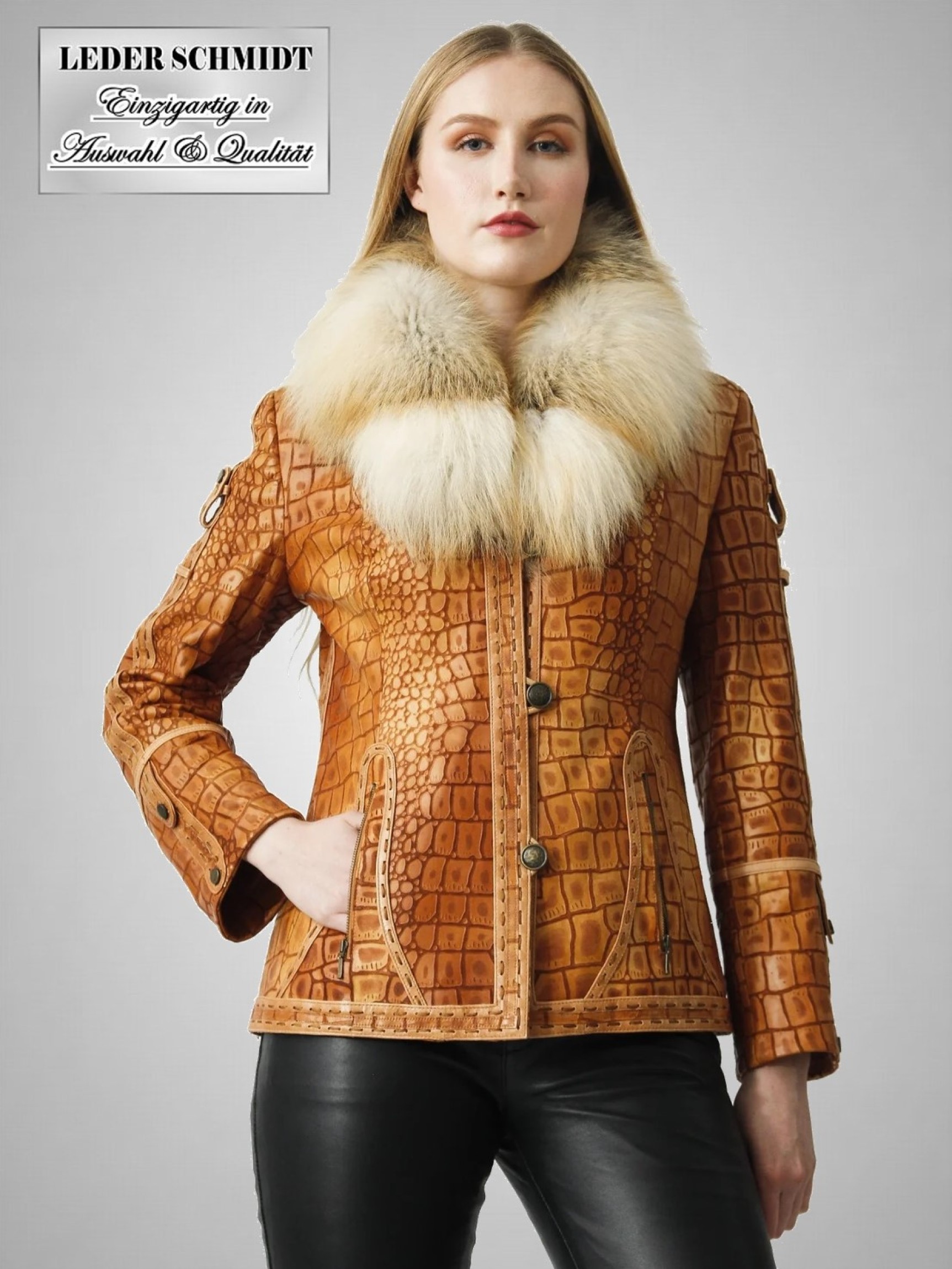 lange Damen Lederjacke Pelzkragen