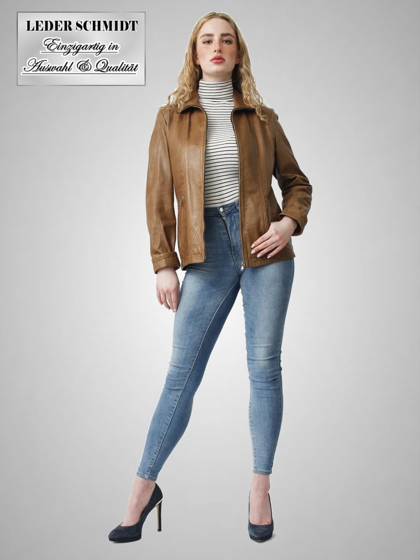 Damen braune Leder-Jacke lang