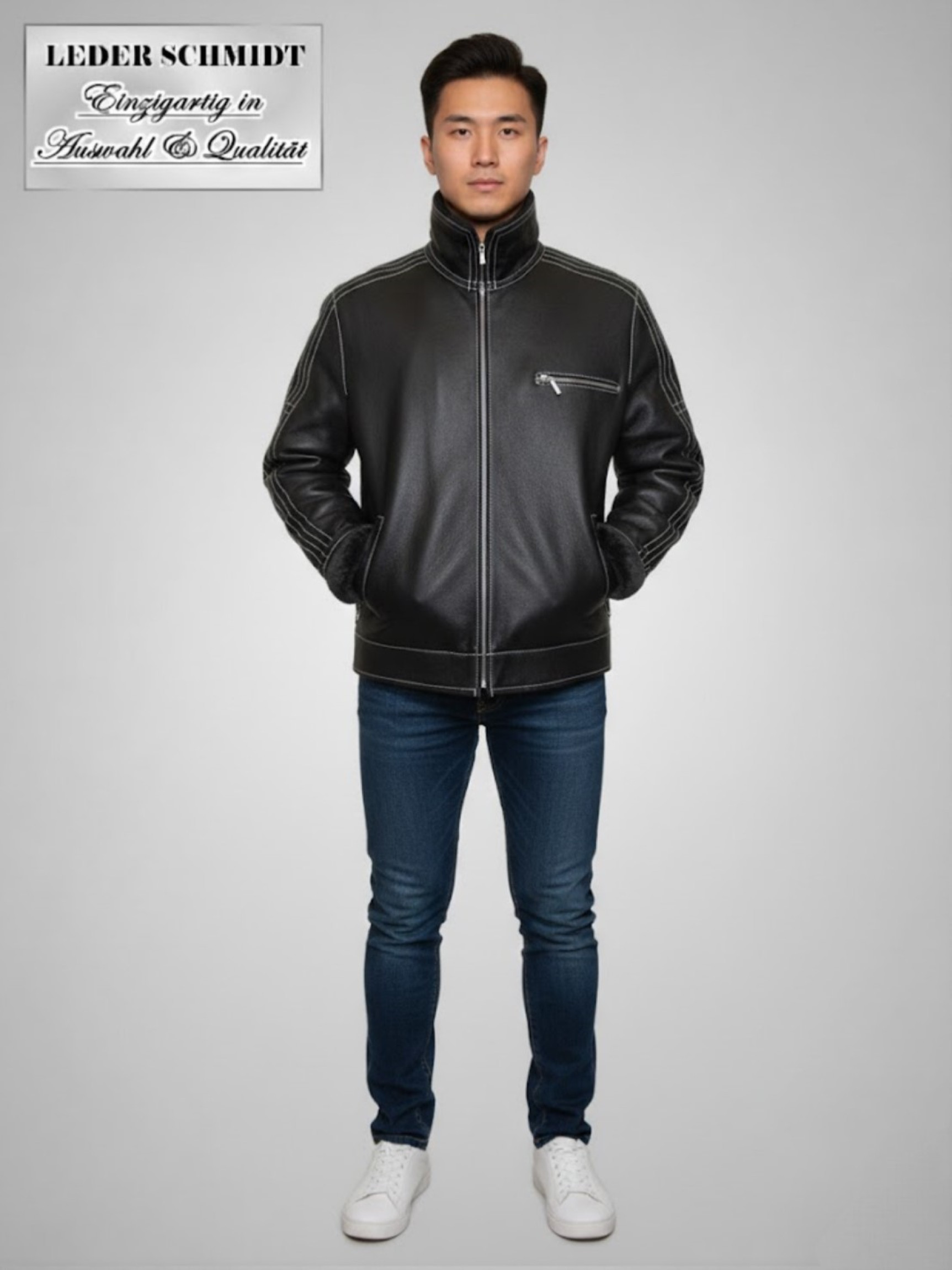 schwarze kurze Herren Lammfelljacke