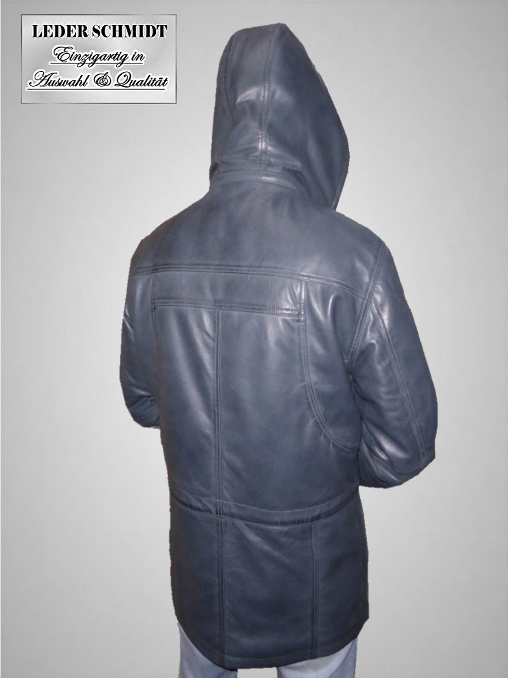 längere Herren-Lederjacke mit Kapuze