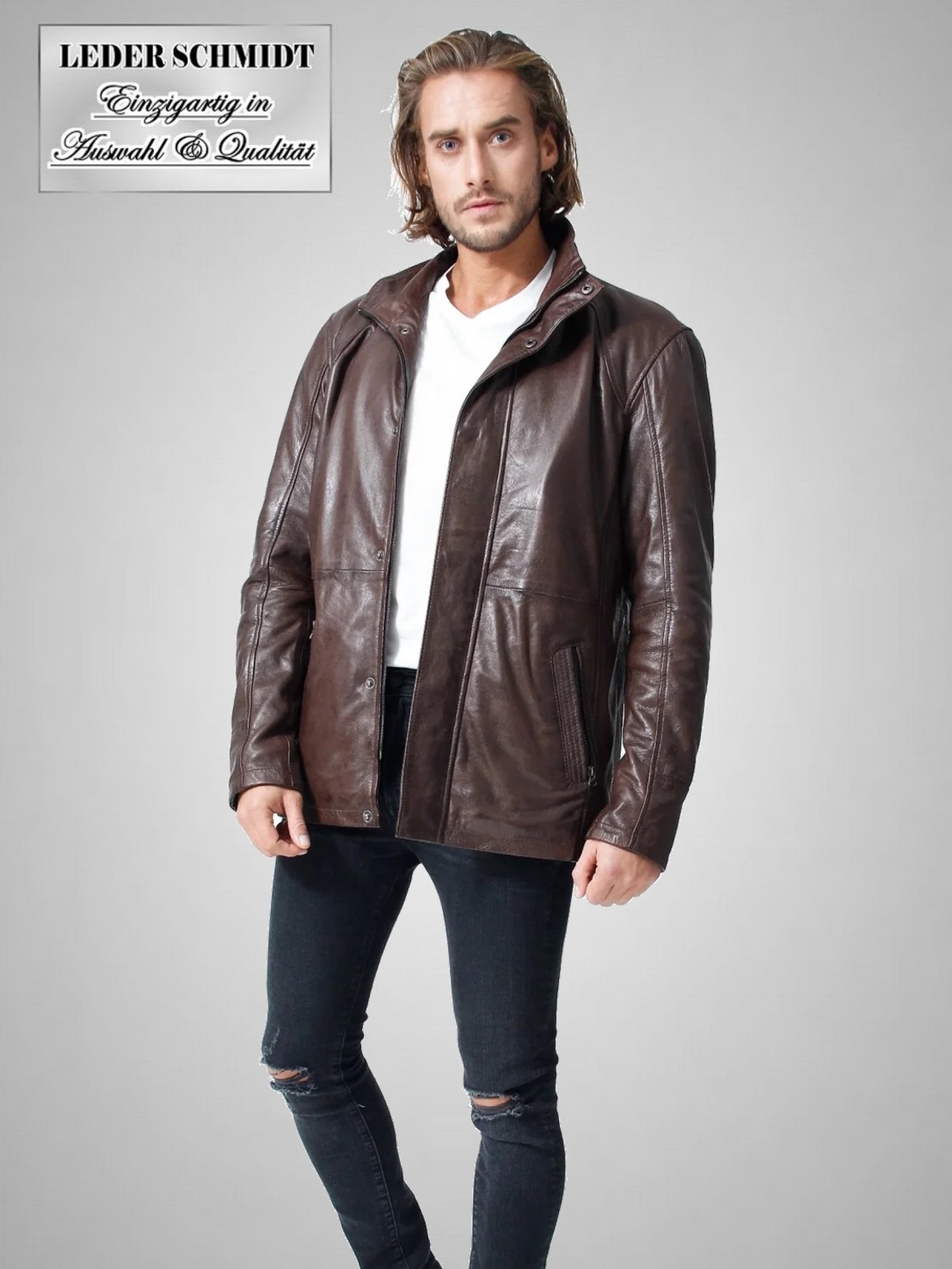 leichte lange Herren Lederjacke-dunkel braun Lammnappa Stehkragen