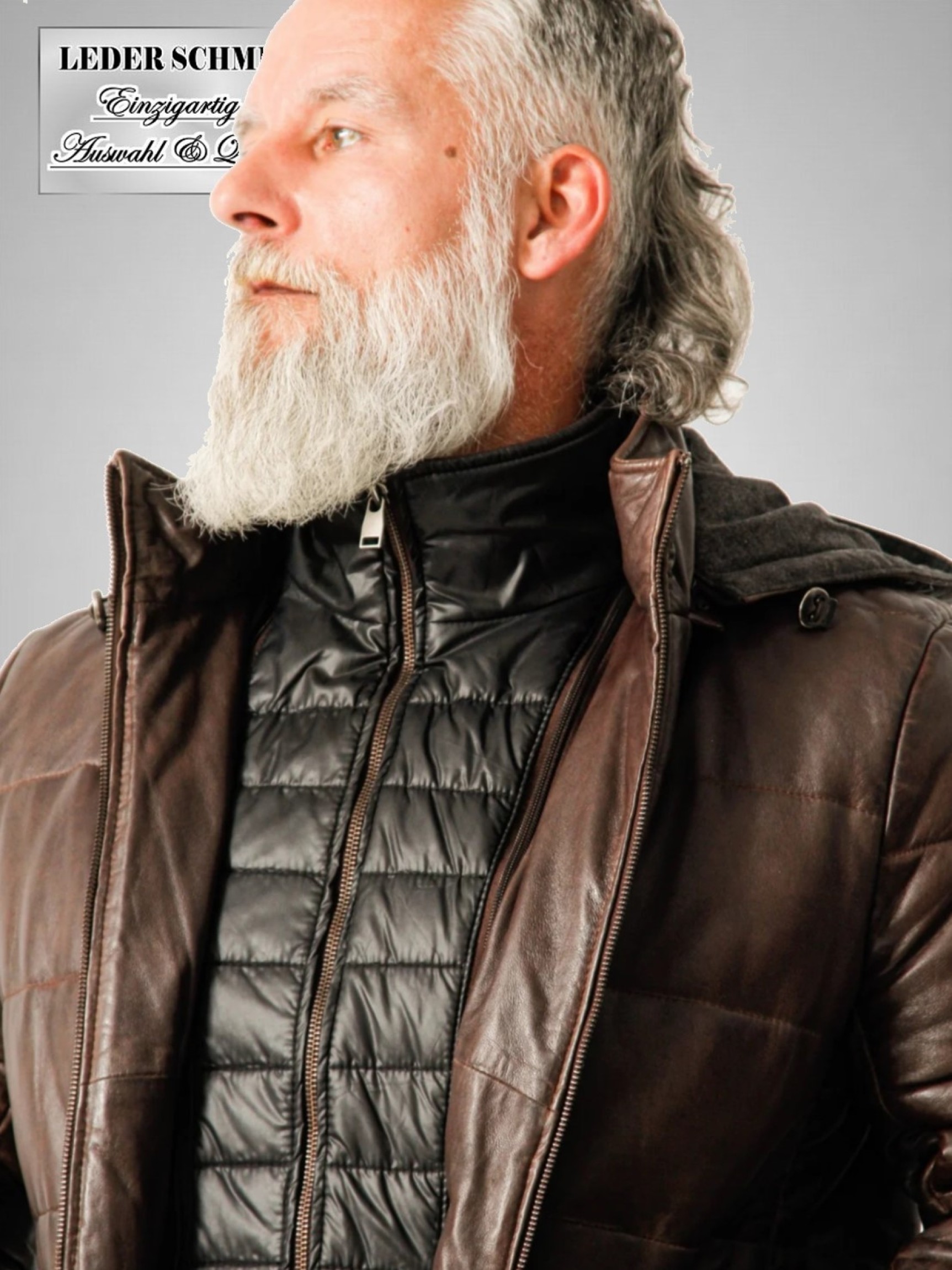 lange Herren Lederjacke braun Kapuze echt abnehmbare Kapuze Stehkragen gesteppt