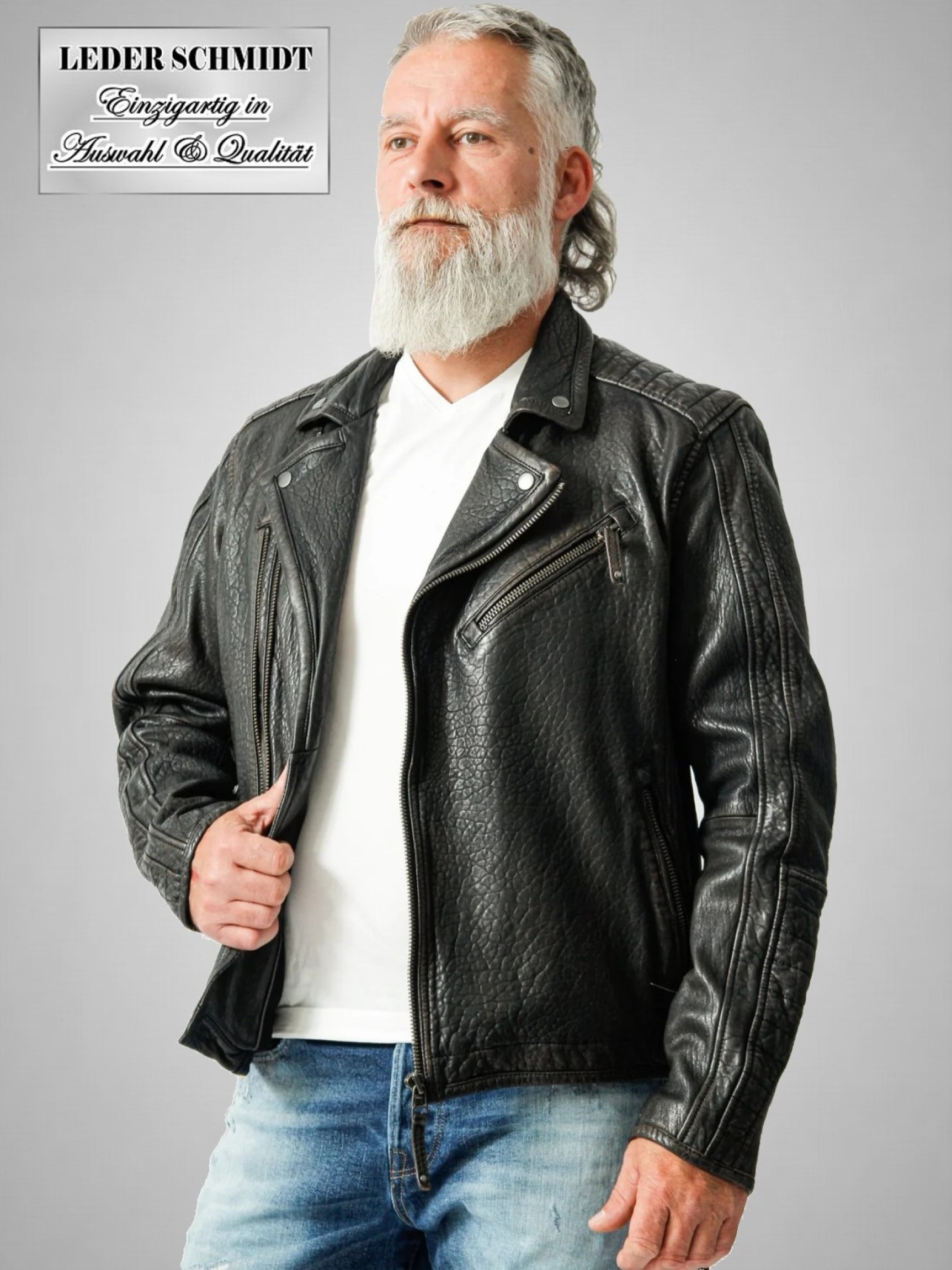 kurze Herrenlederjacke im Motorradstyle aus Neuseland-Lammnappa mit Struktur