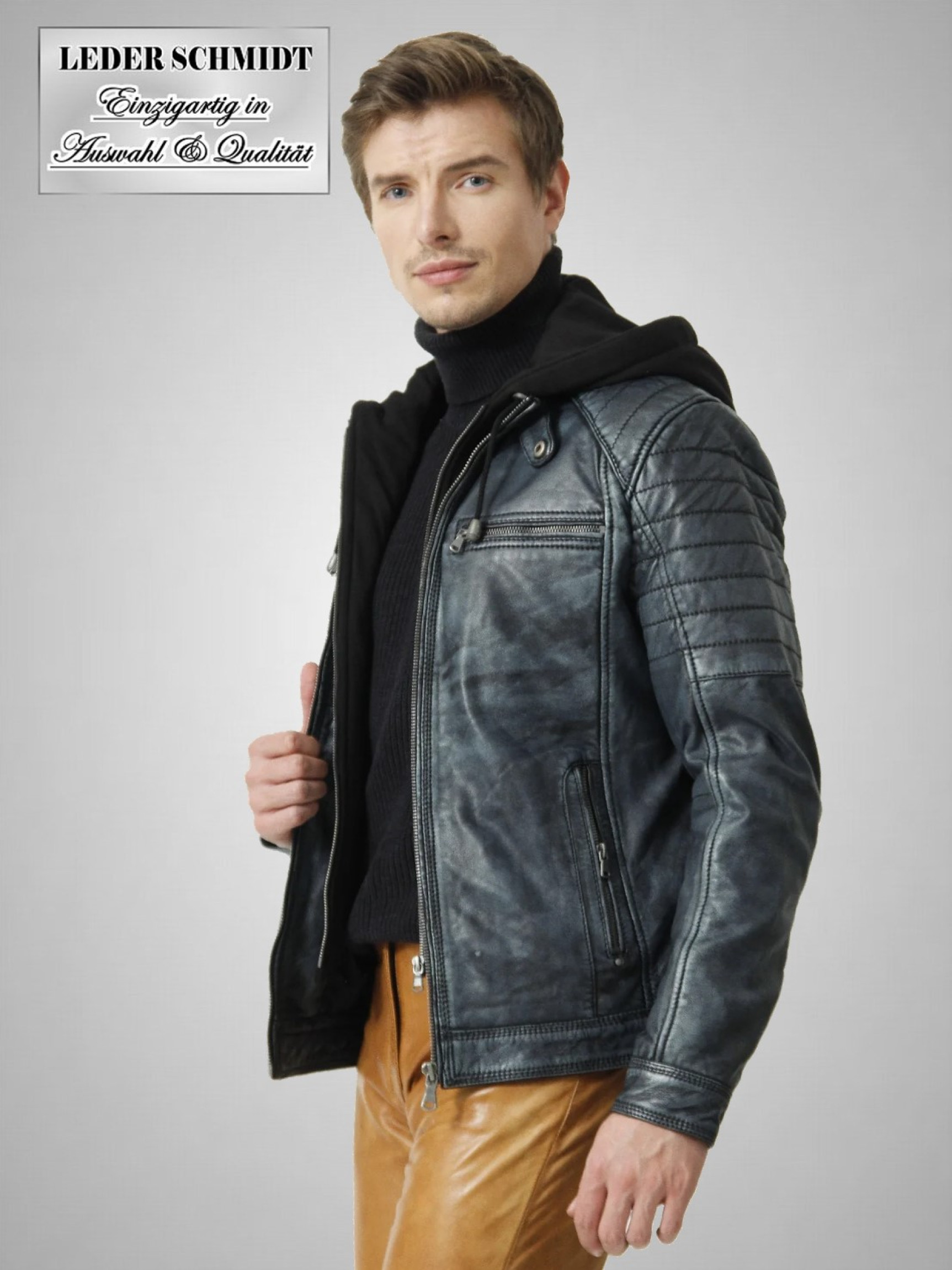 kurze Herren Biker Lederjacke mit Stehkragen