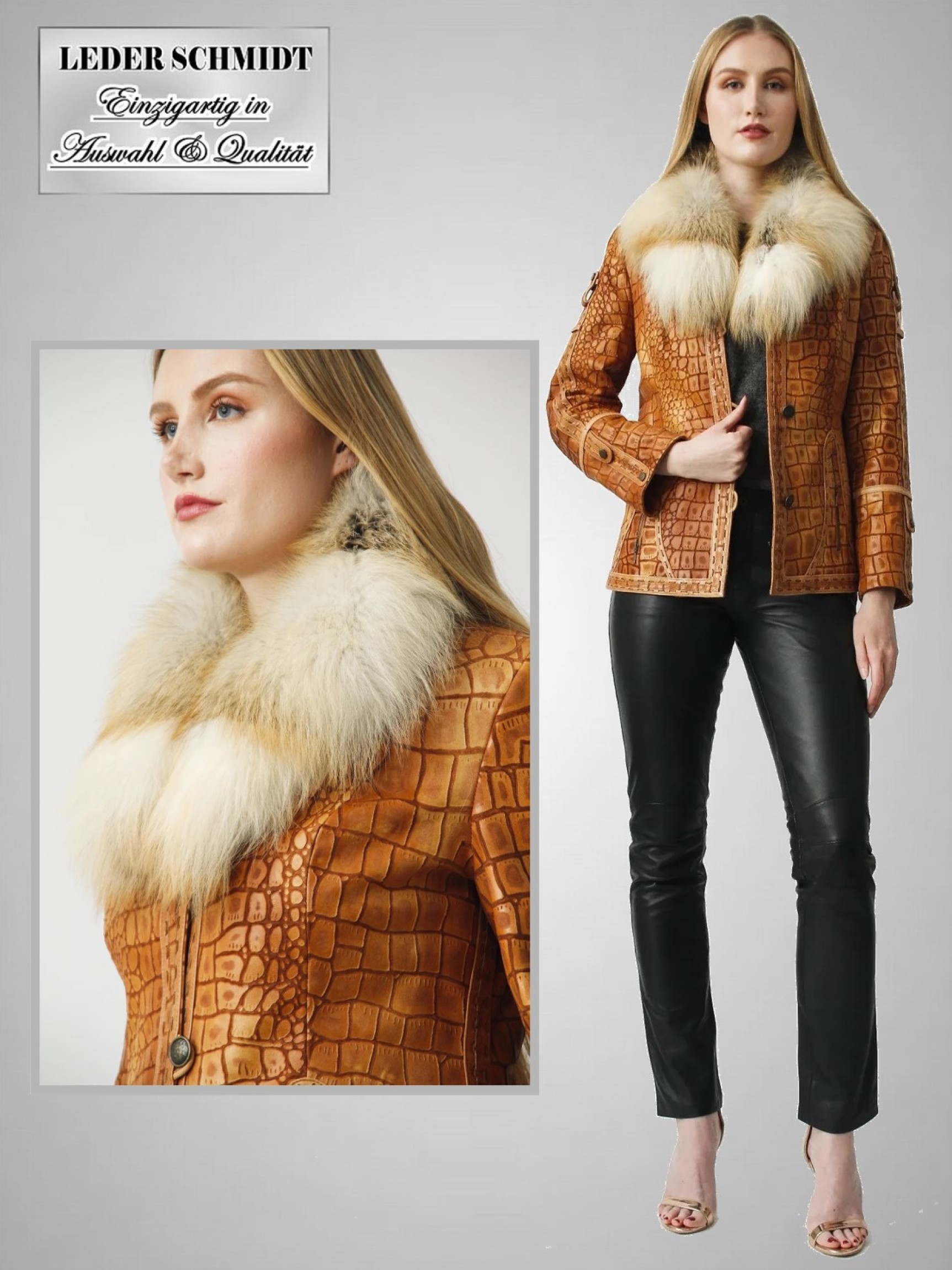 Damen Lederjacke lang Fell-Kragen