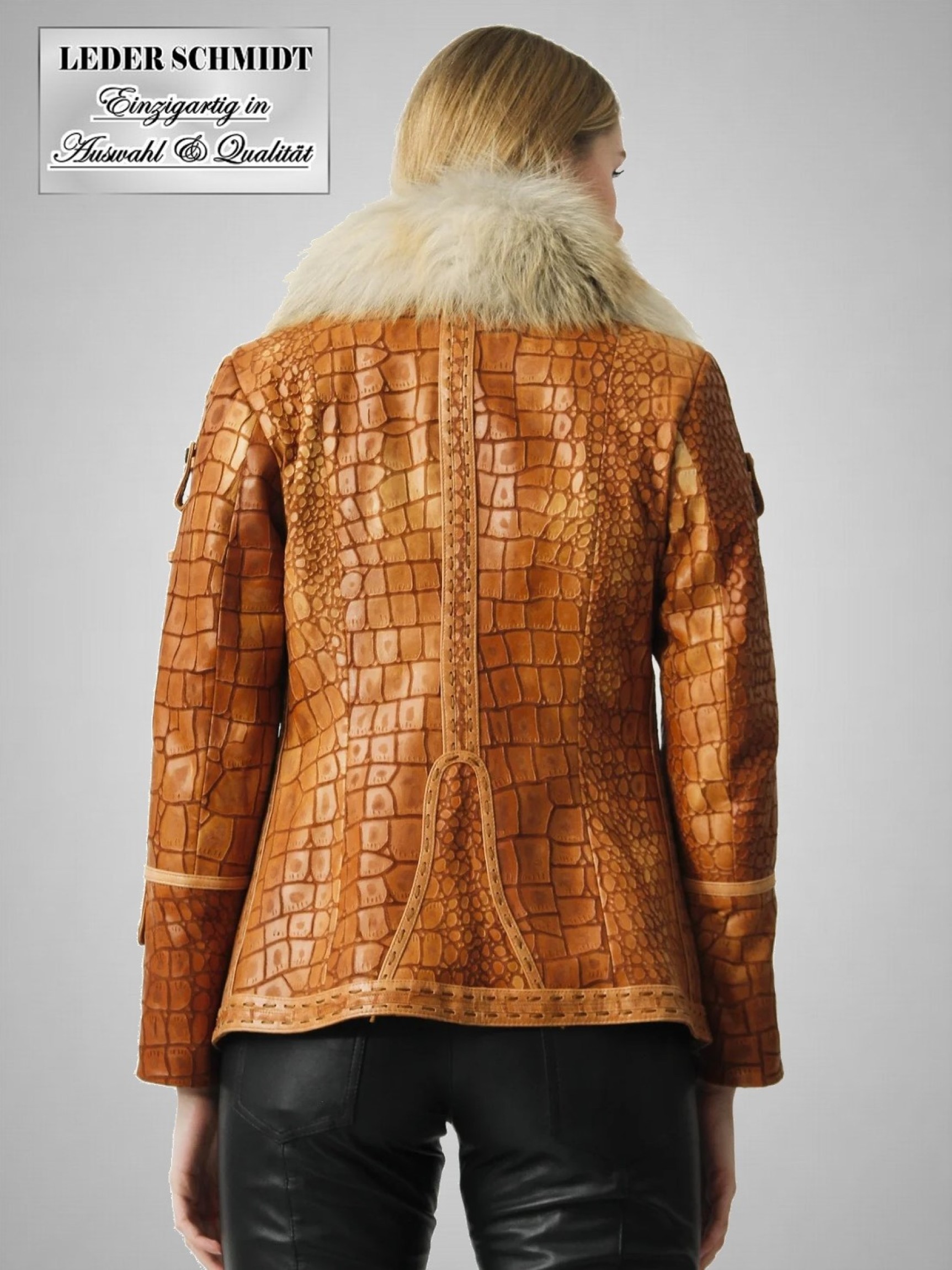 schicke elegante Damen Lederjacke mit Pelzkragen