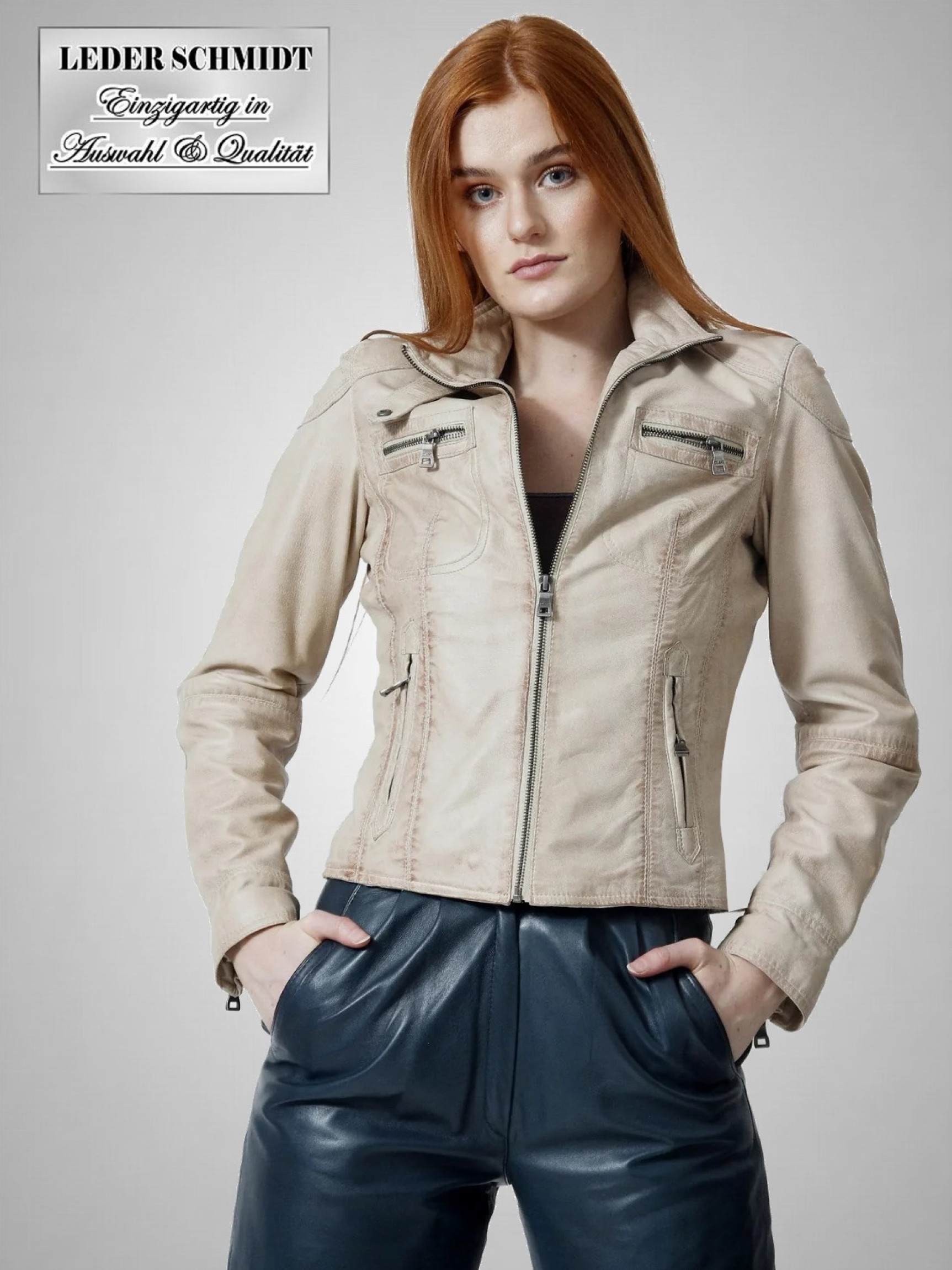kurze Damen Lederjacke figurbetont mit Stehkragen
