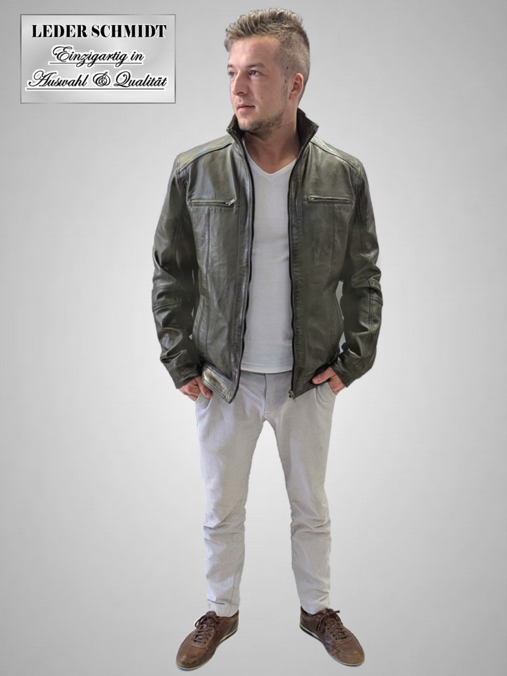 Herren Biker Lederjacke oliv