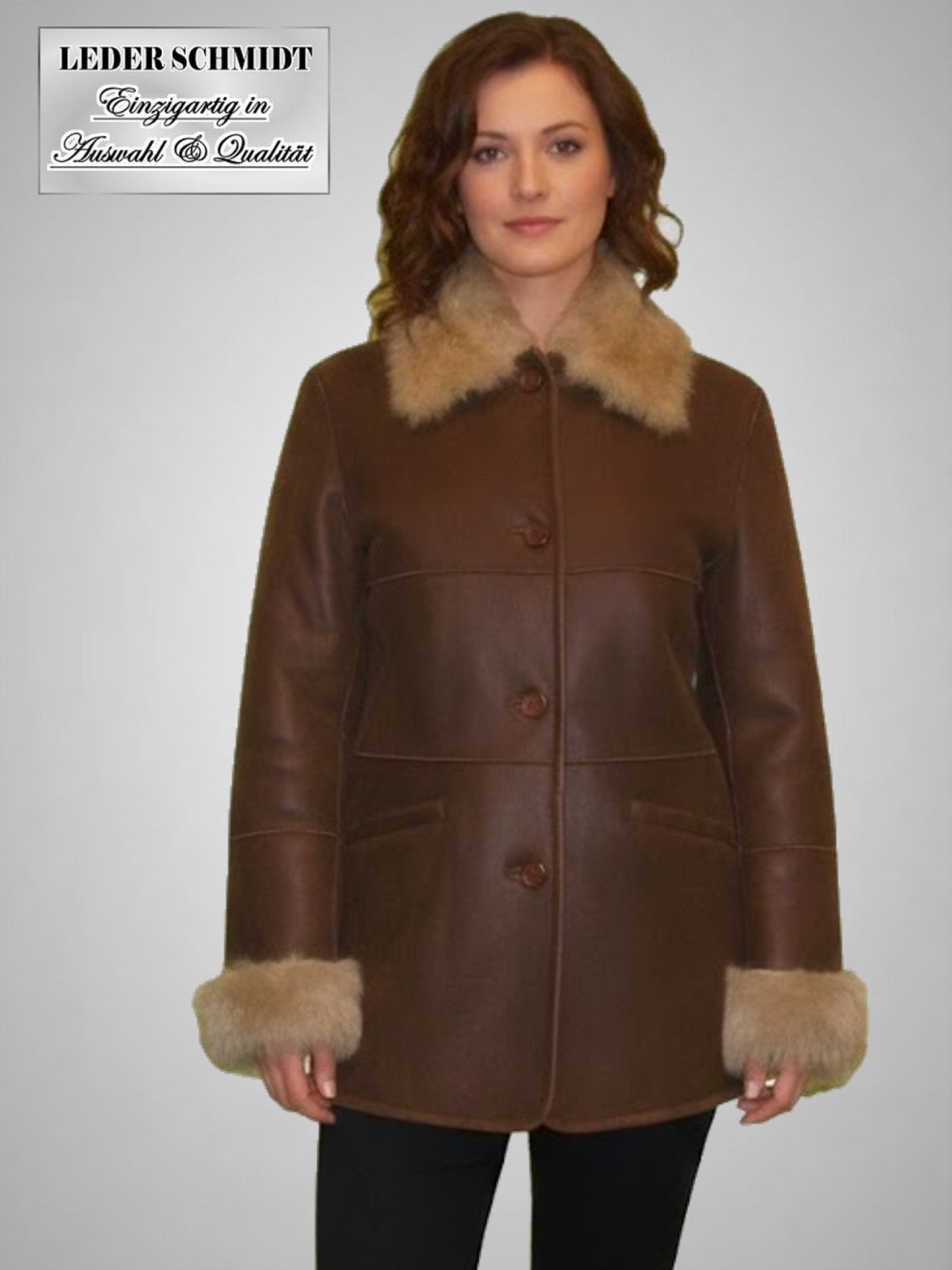 gewachsene echte Damen Lammfell Jacke halblang Einschubtaschen antik braun
