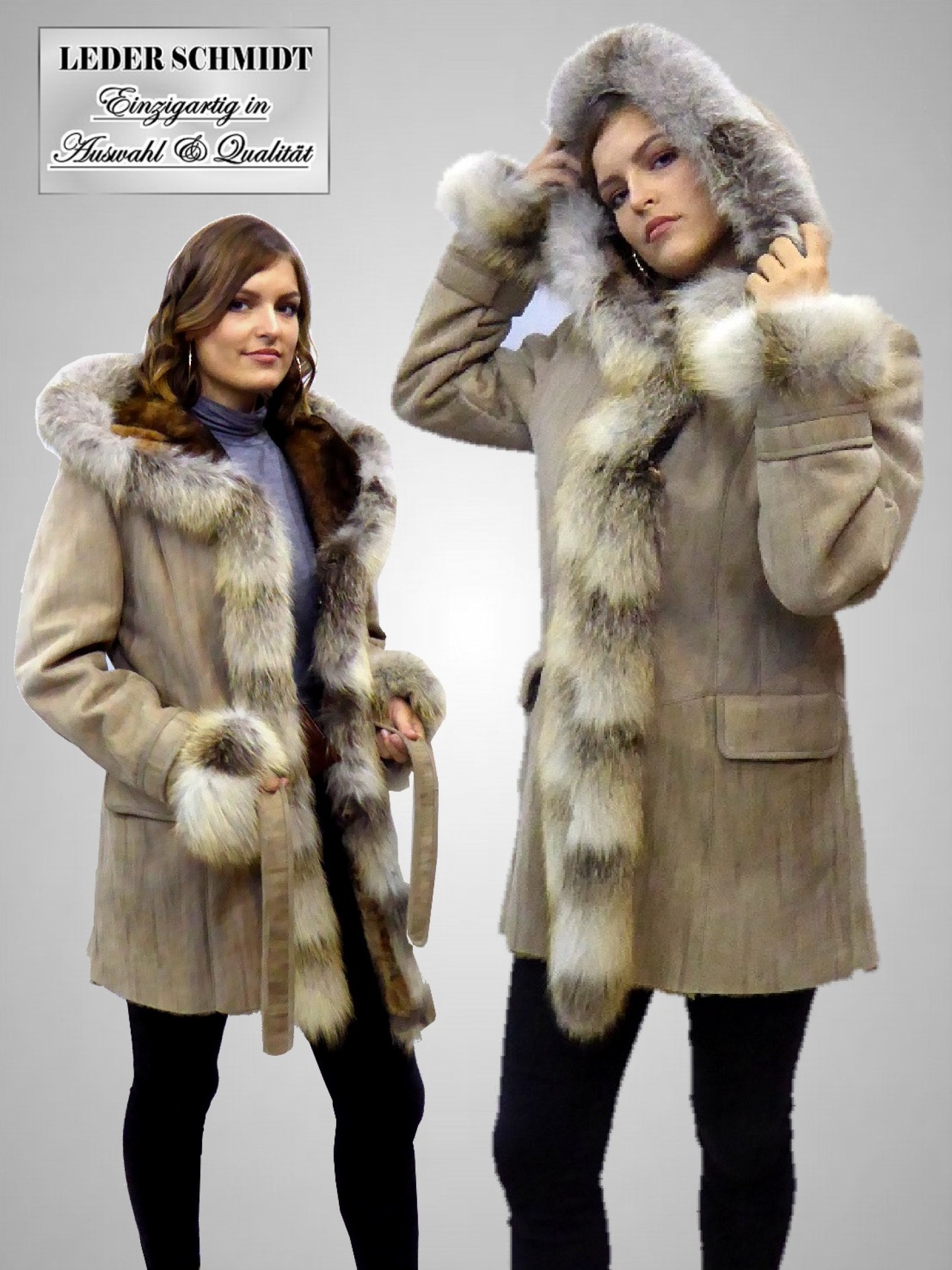 Damen Lammfelljacke mit Kapuze und Pelzbesatz