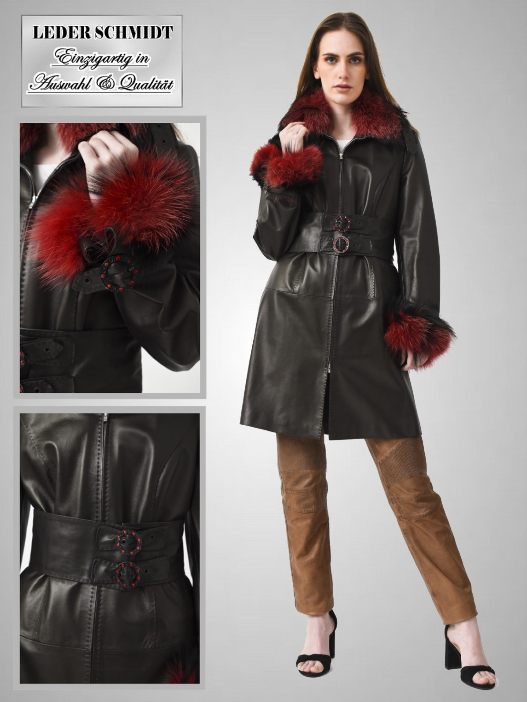 echte-exklusive-schwarze-lange Damen Lederjacke Lammnappa mit Blaufuchs