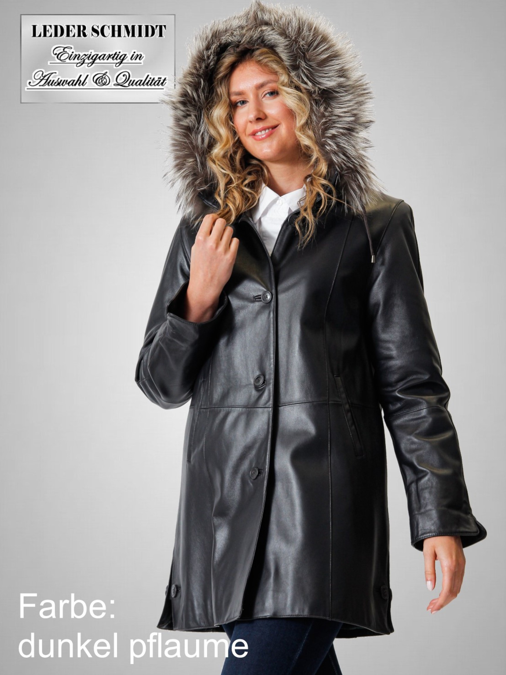 Damen Ledermantel weit grau Knöpfe abnehmbare Kapuze