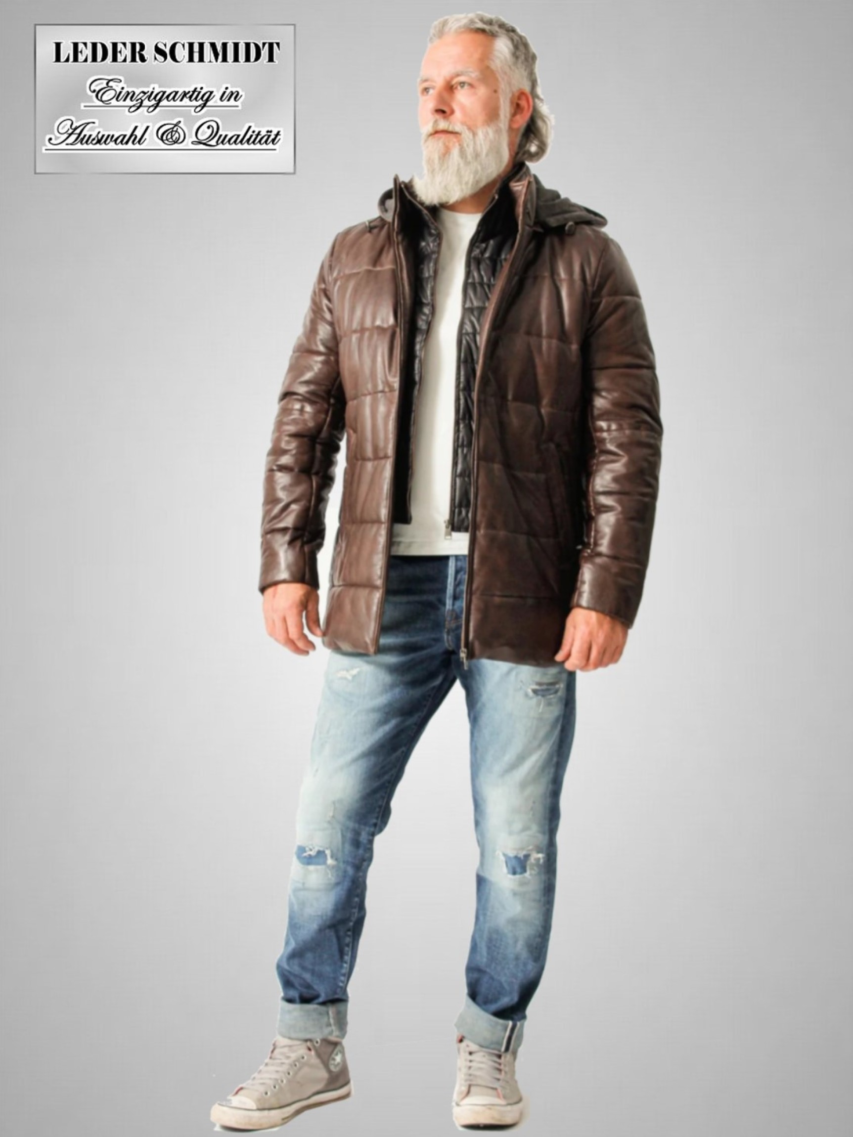lange Herren Lederjacke braun abnehmbare Kapuze