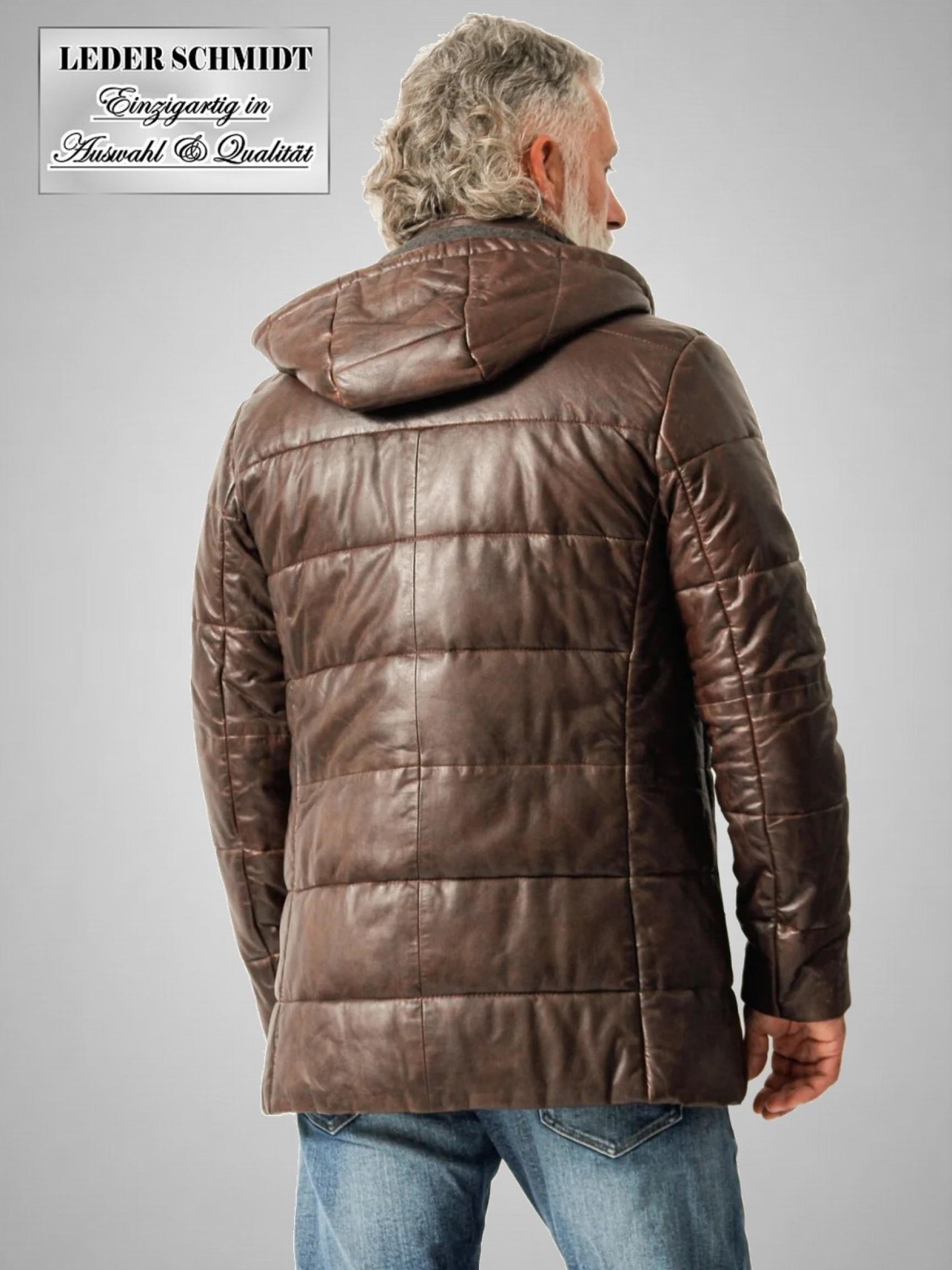 lange Herrenlederjacke braun abnehmbare Kapuze