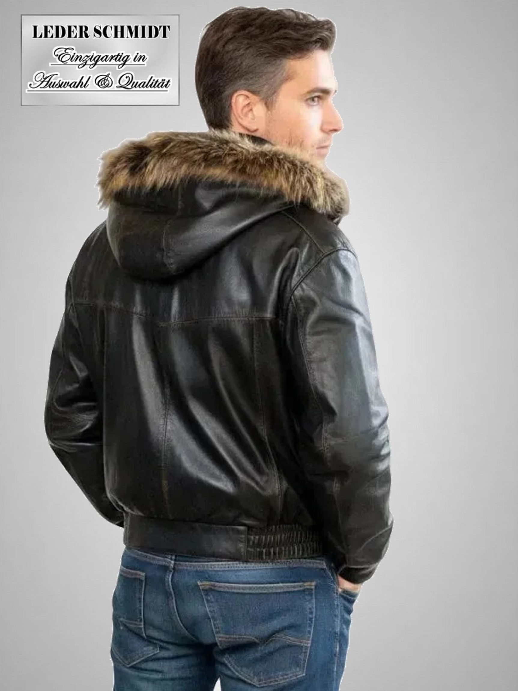 echte Herren-Lederjacke mit Kapuze schwarz Bundjacke Lammnappa