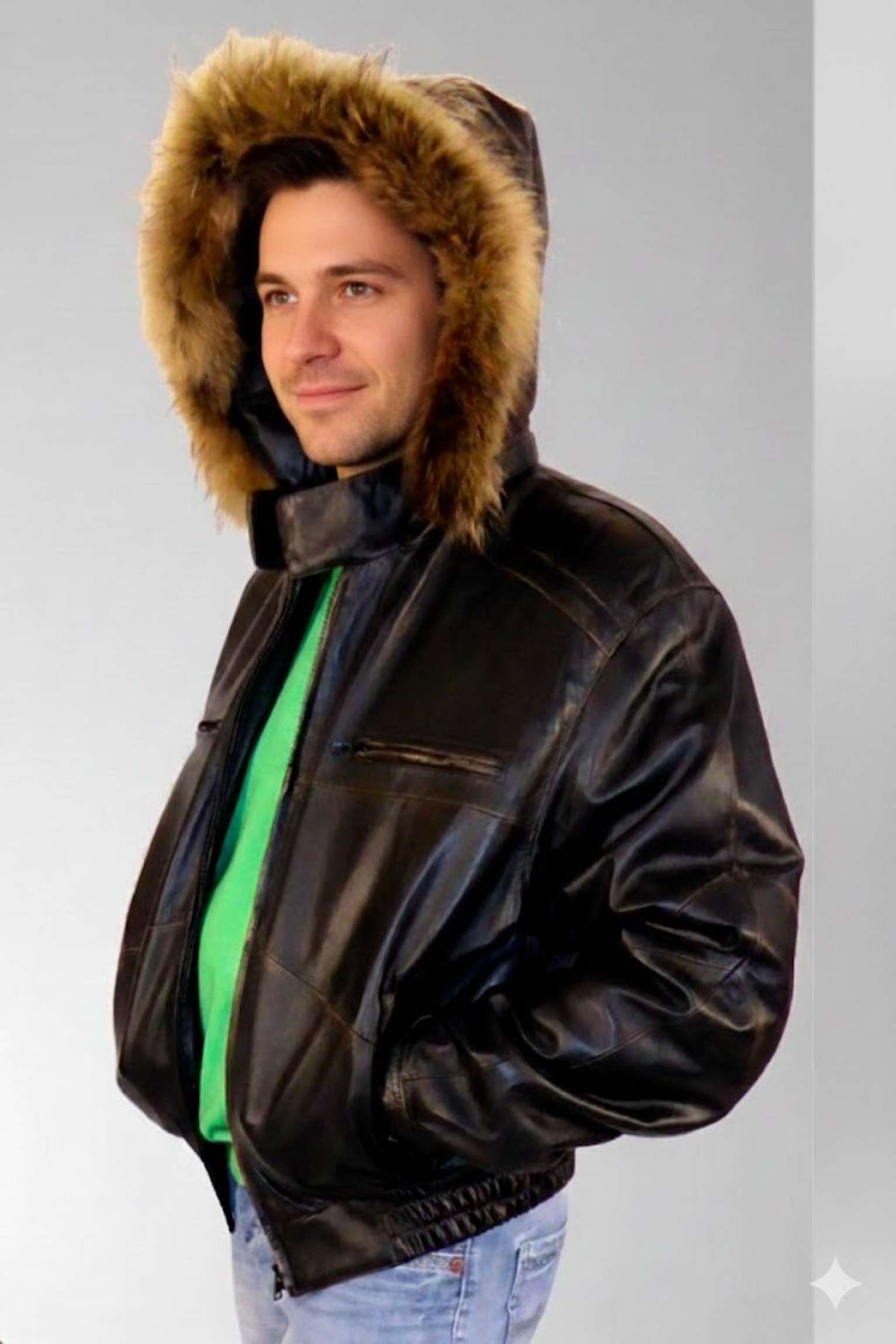 echte wattierter Herren Leder Blouson in schwarz Lederkapuze