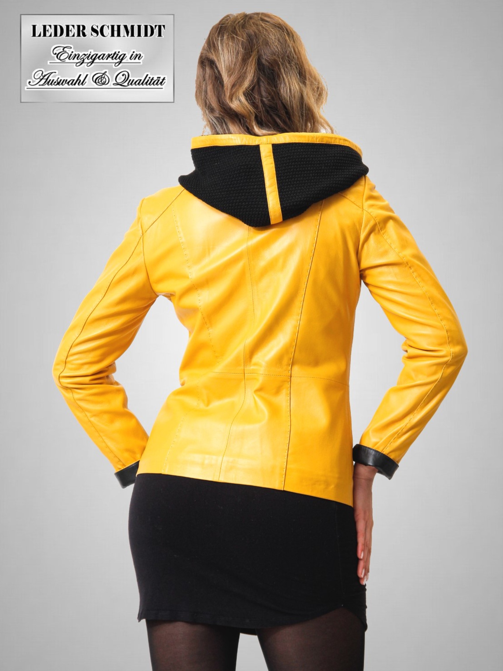 figurbetonte echte Damen Lederjacke gelb Kapuze