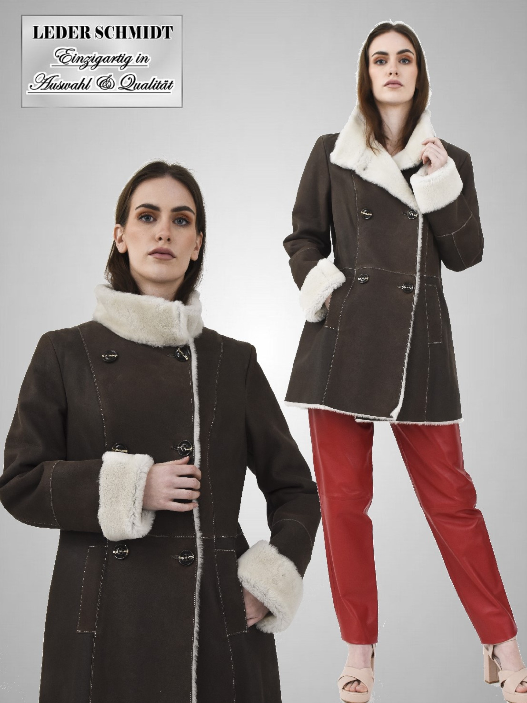 leichte braune lange Damen-Lammfelljacke als Zweireiher