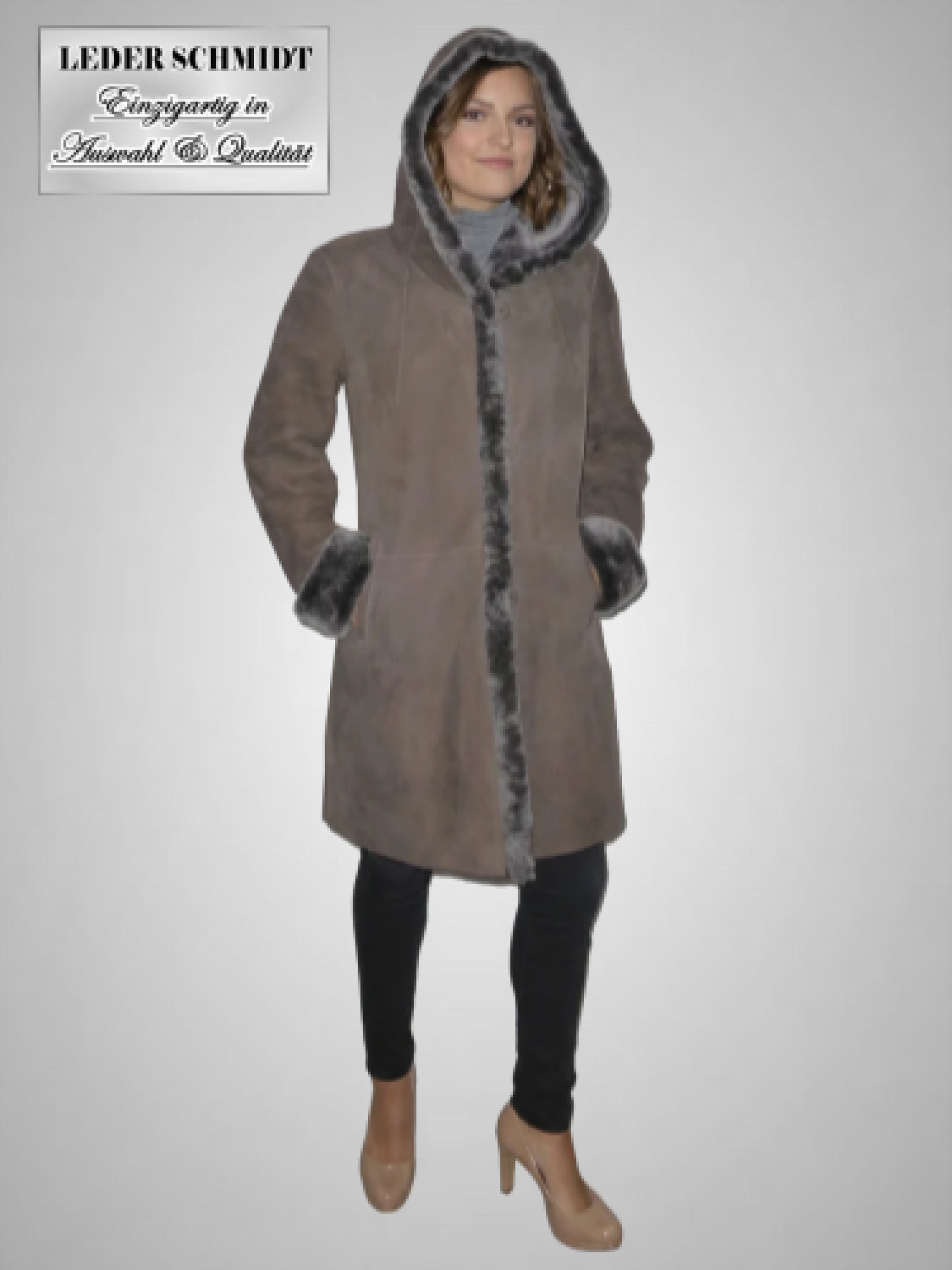lange Damen Lammfelljacke mit Kapuze