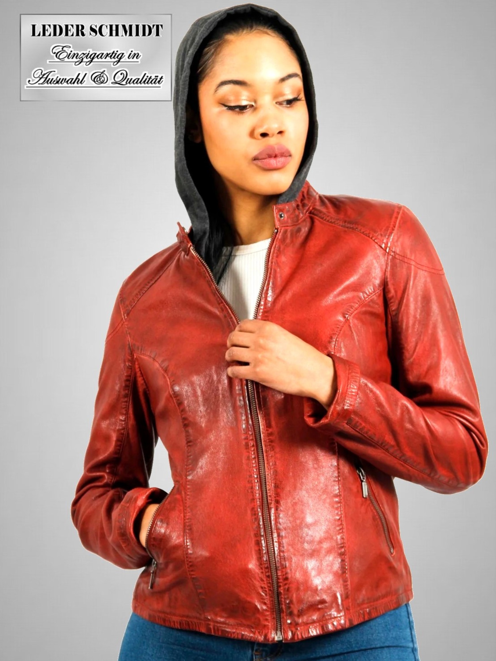 rote Kapuzen Lederjacke Damen echtes Leder